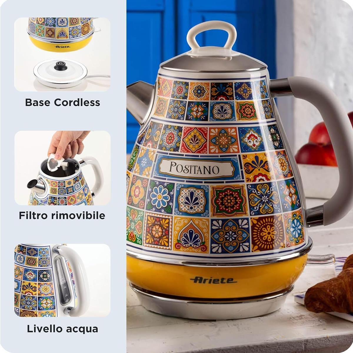 Ariete Positano Electric Retro Jug Kettle 1.7L 2200W Stainless Steel With Italian Tile Design, Anti-Scale Filter And 360° Base - Image 7