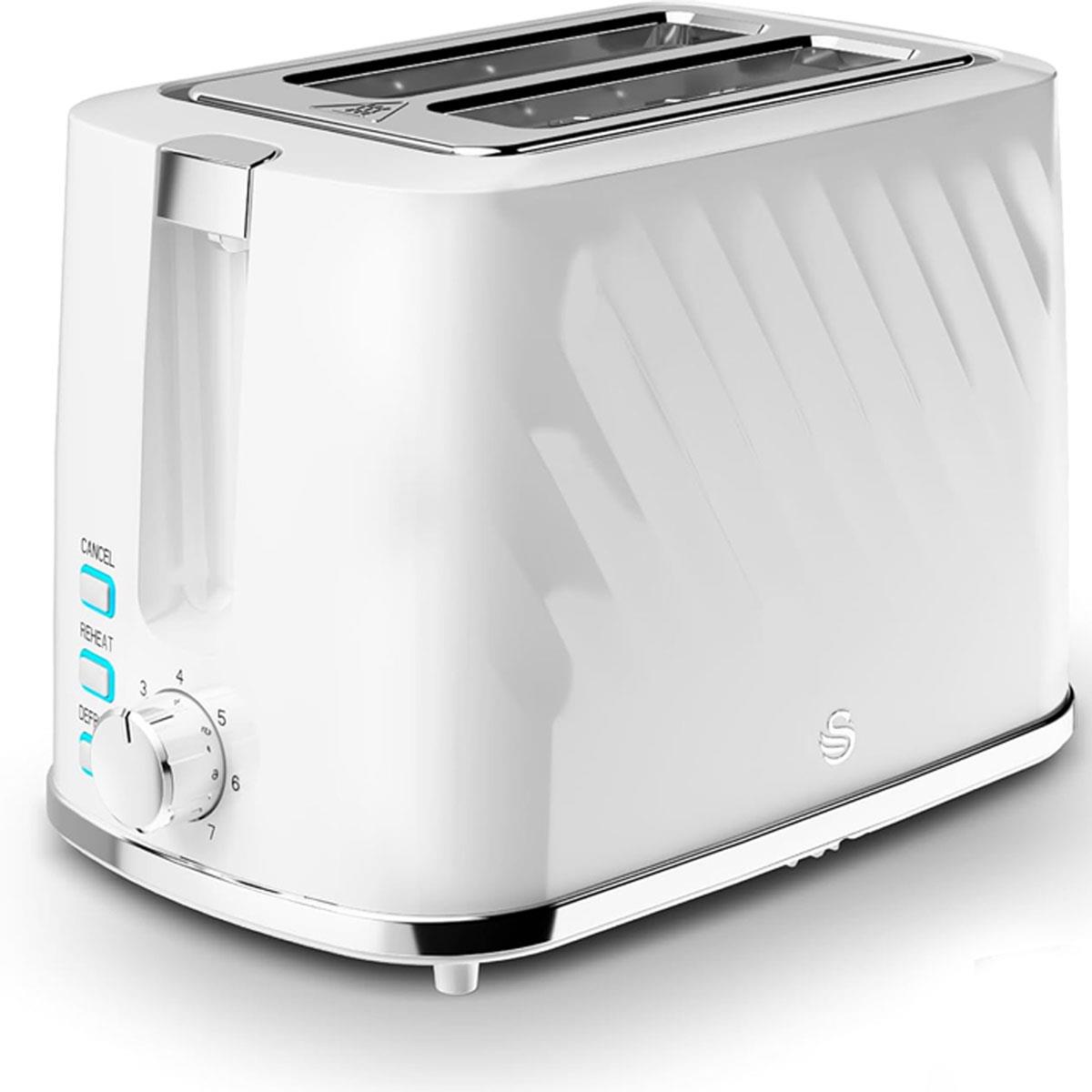 Swan Windsor 2 Slice Toaster White with 7 Browning Levels Self-Centring Slots Defrost Reheat & Cancel