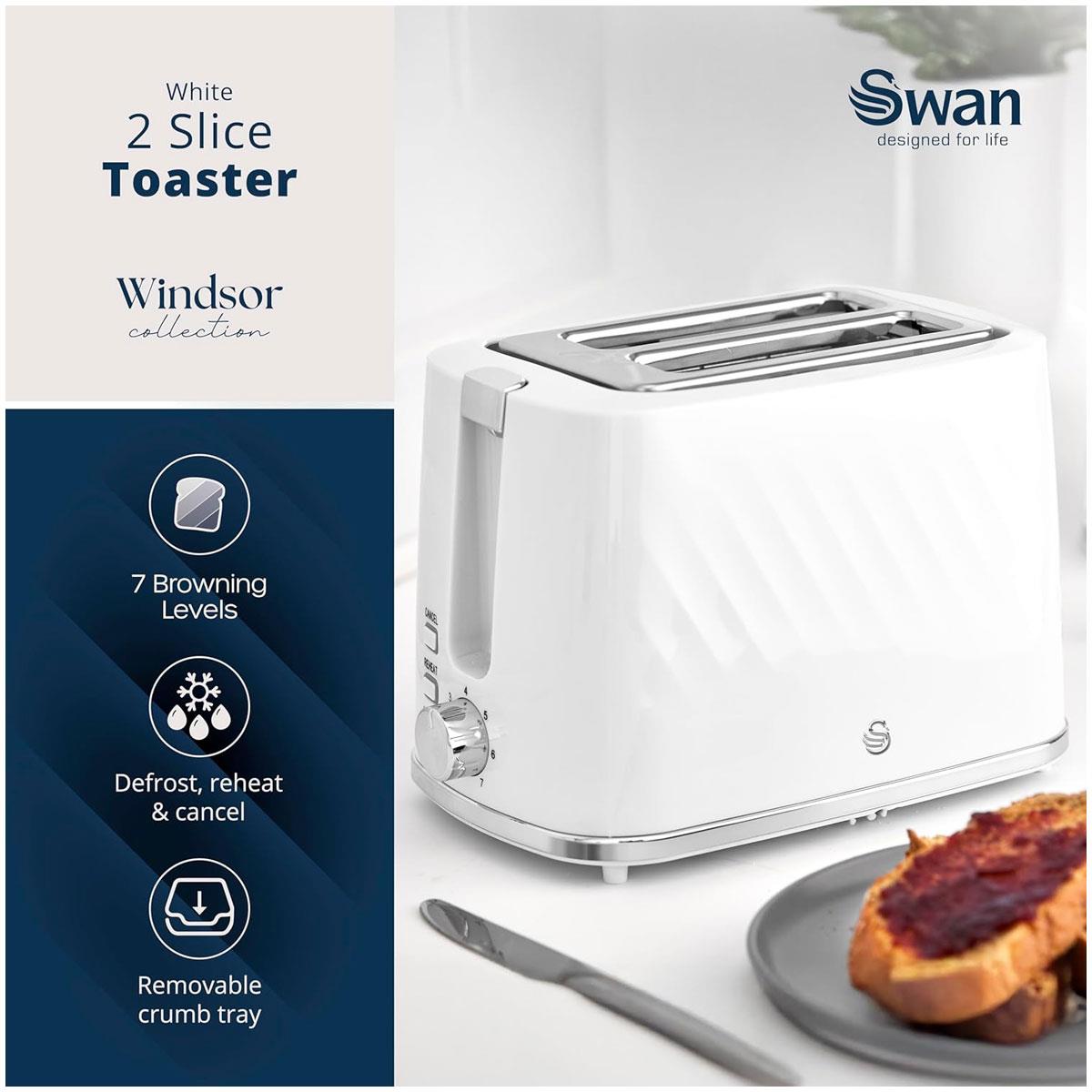 Swan Windsor 2 Slice Toaster White with 7 Browning Levels Self-Centring Slots Defrost Reheat & Cancel - Image 3