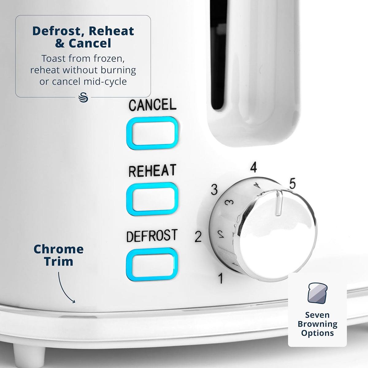 Swan Windsor 2 Slice Toaster White with 7 Browning Levels Self-Centring Slots Defrost Reheat & Cancel - Image 4