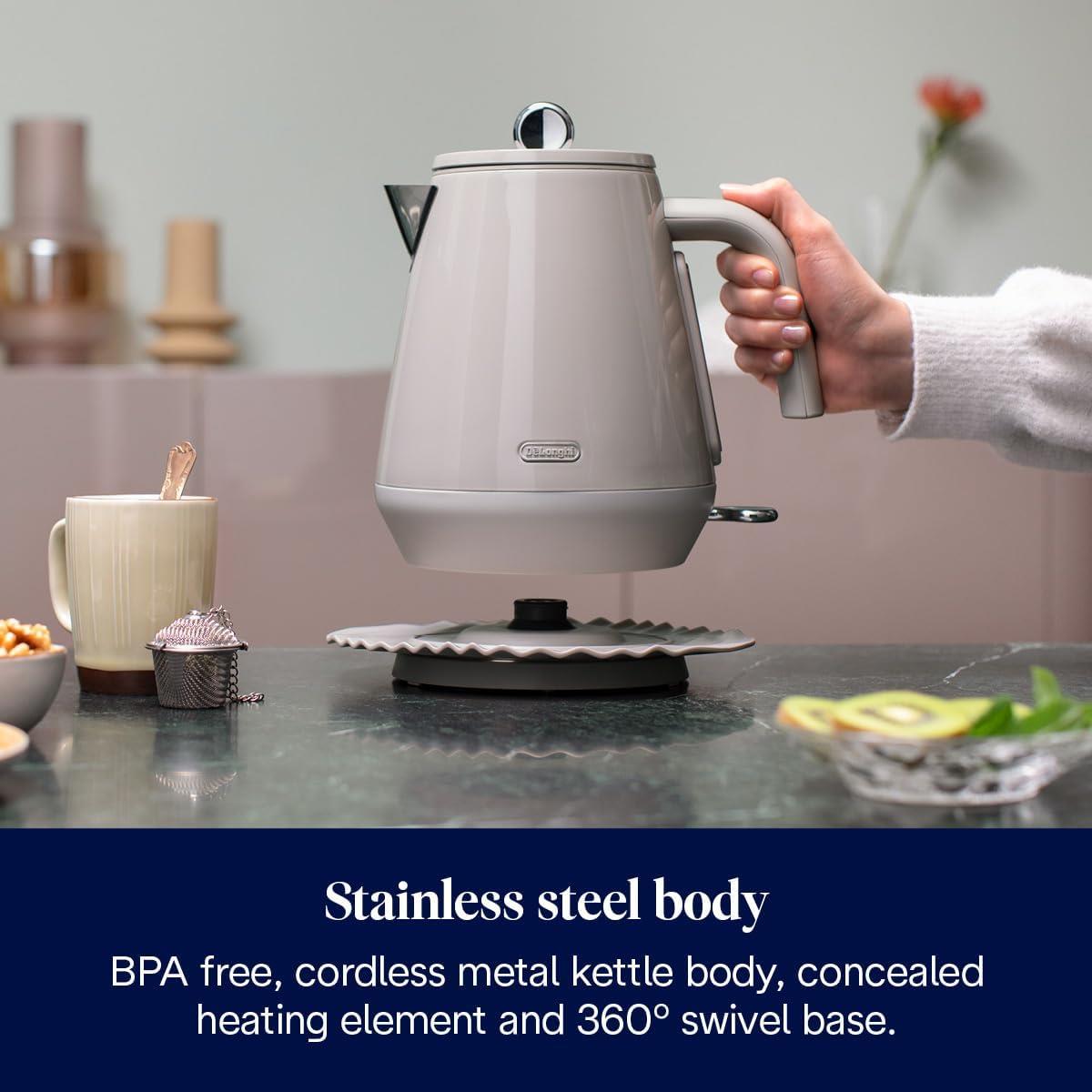 Delonghi Eclettica Electric Jug Kettle 1.7L 3000W Stainless Steel Rapid Boil With Anti-Scale Filter And 360° Base Biscuit Beige - Image 3