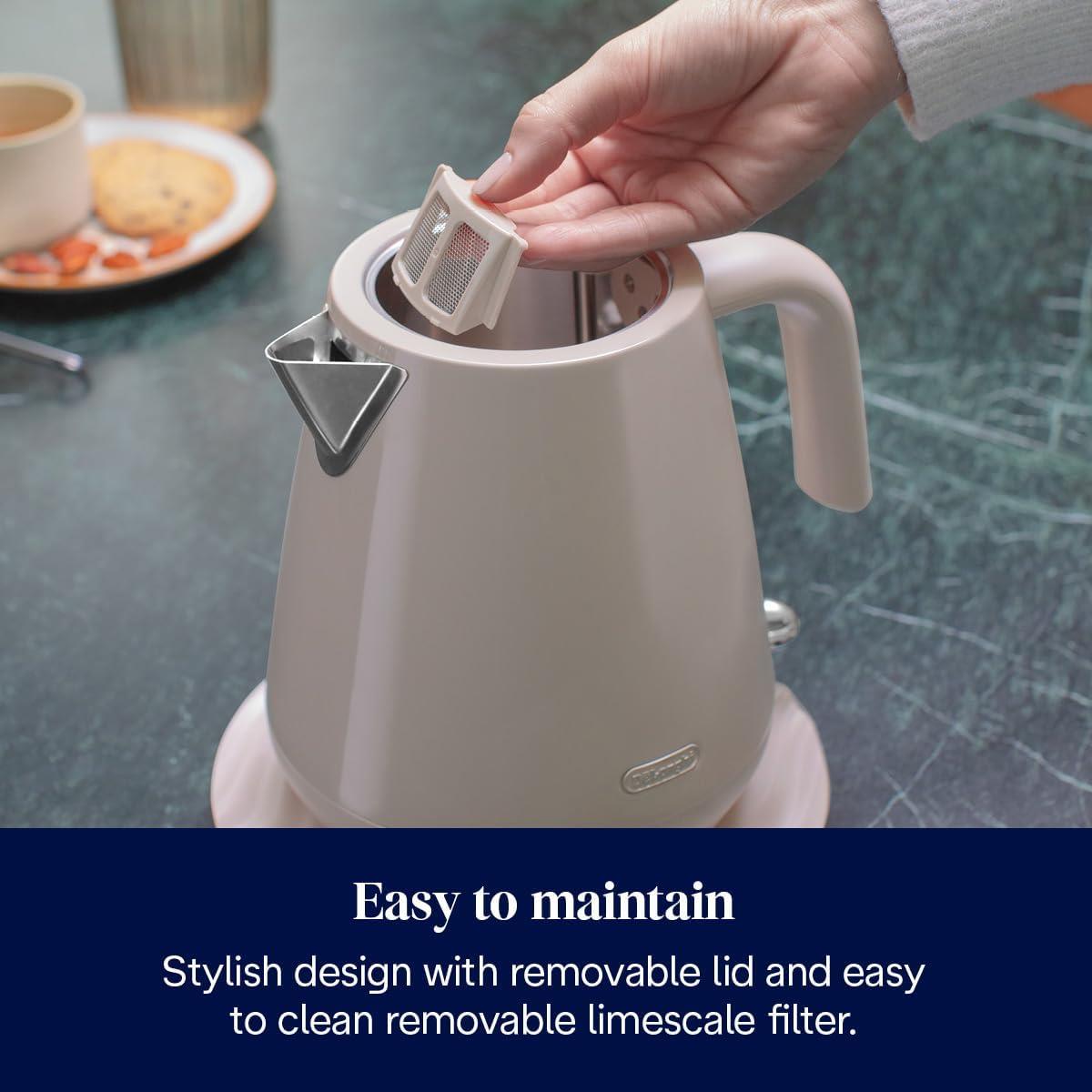 Delonghi Eclettica Electric Jug Kettle 1.7L 3000W Stainless Steel Rapid Boil With Anti-Scale Filter And 360° Base Biscuit Beige - Image 4