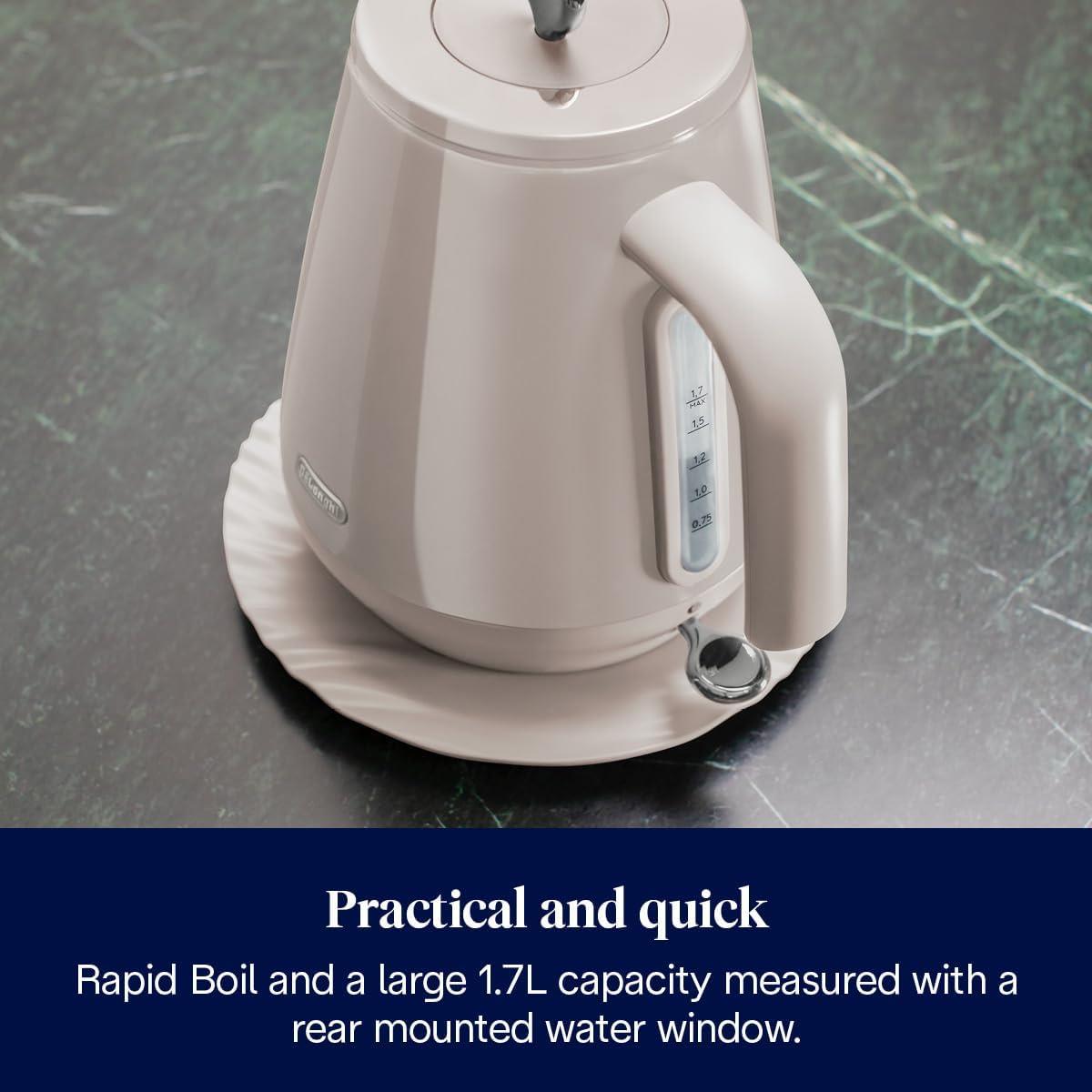 Delonghi Eclettica Electric Jug Kettle 1.7L 3000W Stainless Steel Rapid Boil With Anti-Scale Filter And 360° Base Biscuit Beige - Image 5