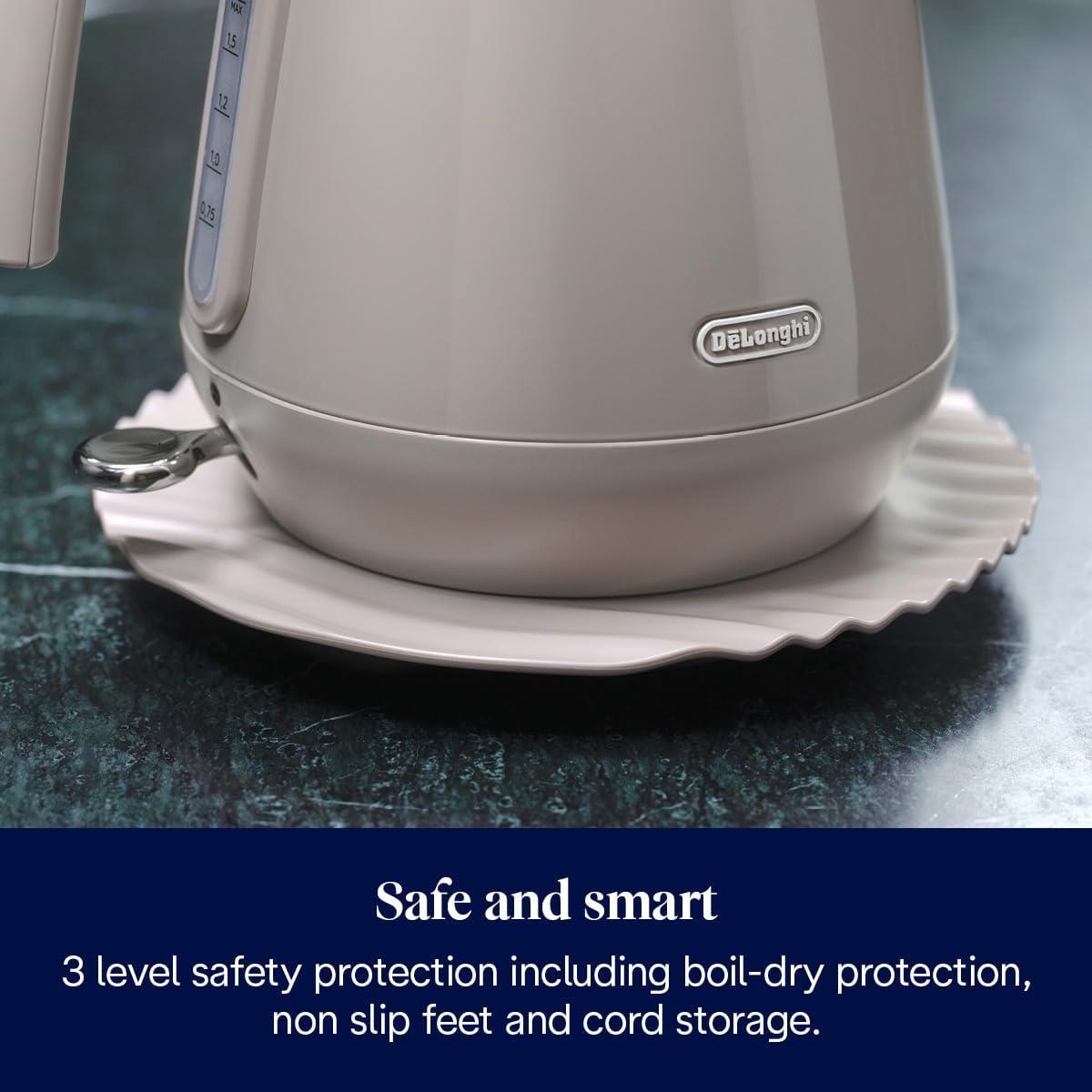 Delonghi Eclettica Electric Jug Kettle 1.7L 3000W Stainless Steel Rapid Boil With Anti-Scale Filter And 360° Base Biscuit Beige - Image 6