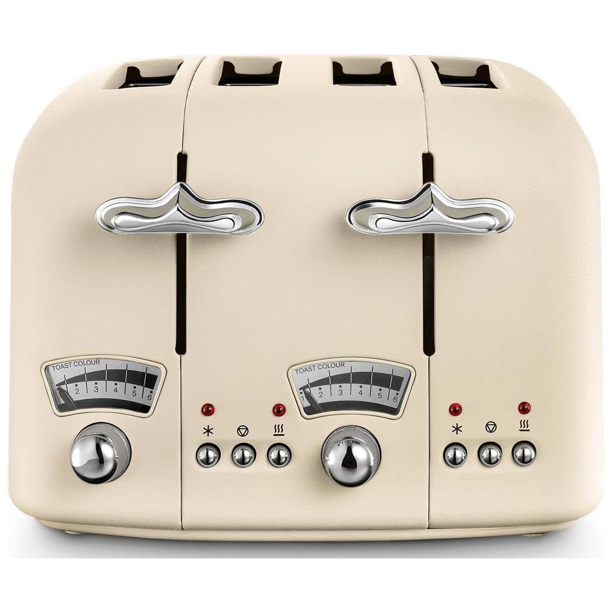 Delonghi Argento Flora 4 Slice Toaster 1800W Stainless Steel Beige with Wide Slots 6 Browning Levels Defrost & Cancel