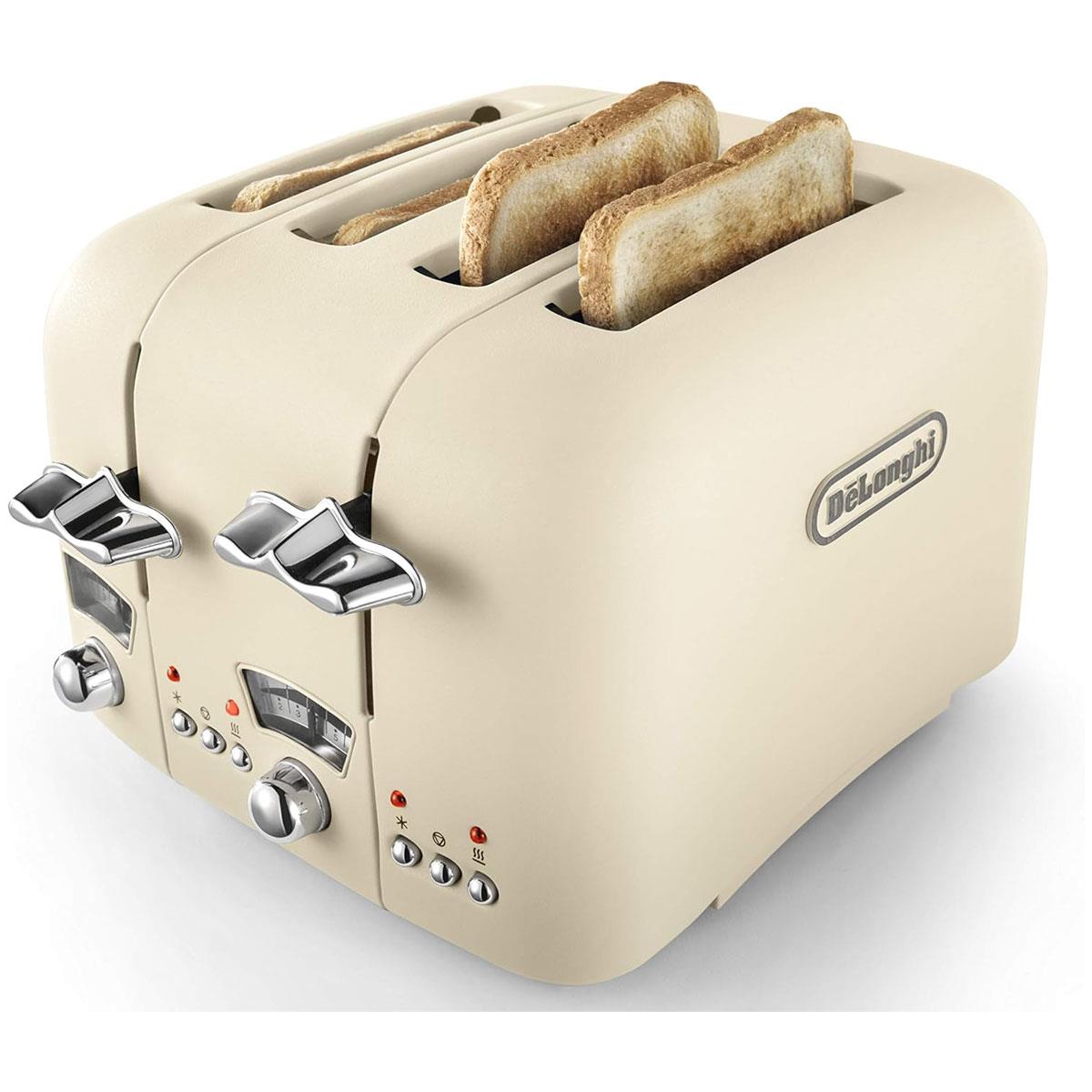 Delonghi Argento Flora 4 Slice Toaster 1800W Stainless Steel Beige with Wide Slots 6 Browning Levels Defrost & Cancel - Image 2