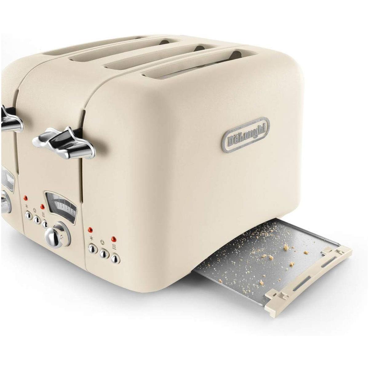 Delonghi Argento Flora 4 Slice Toaster 1800W Stainless Steel Beige with Wide Slots 6 Browning Levels Defrost & Cancel - Image 3