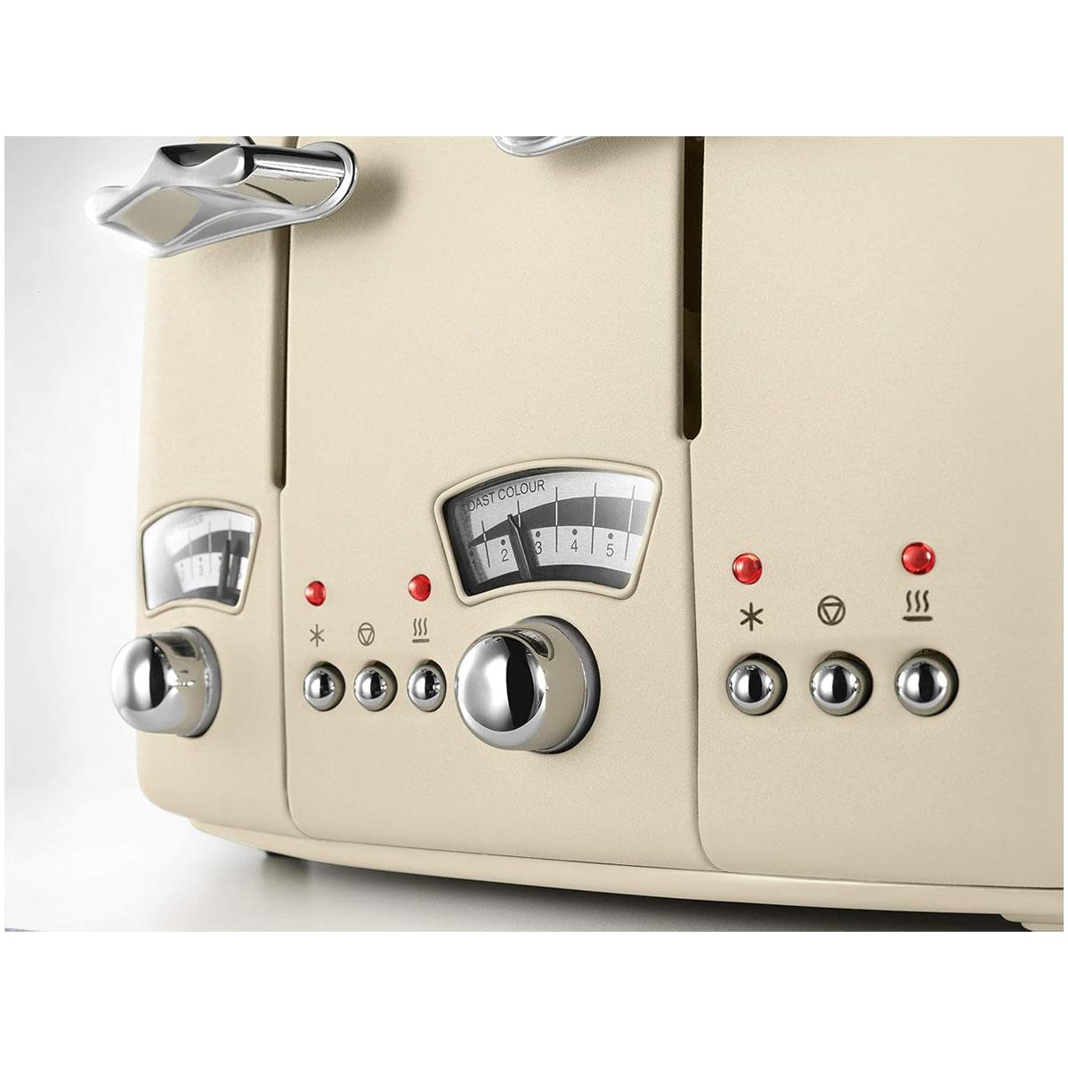 Delonghi Argento Flora 4 Slice Toaster 1800W Stainless Steel Beige with Wide Slots 6 Browning Levels Defrost & Cancel - Image 4