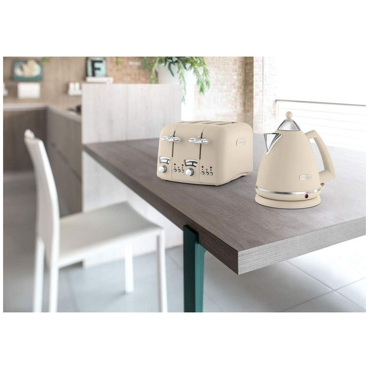 Delonghi Argento Flora 4 Slice Toaster 1800W Stainless Steel Beige with Wide Slots 6 Browning Levels Defrost & Cancel - Image 5