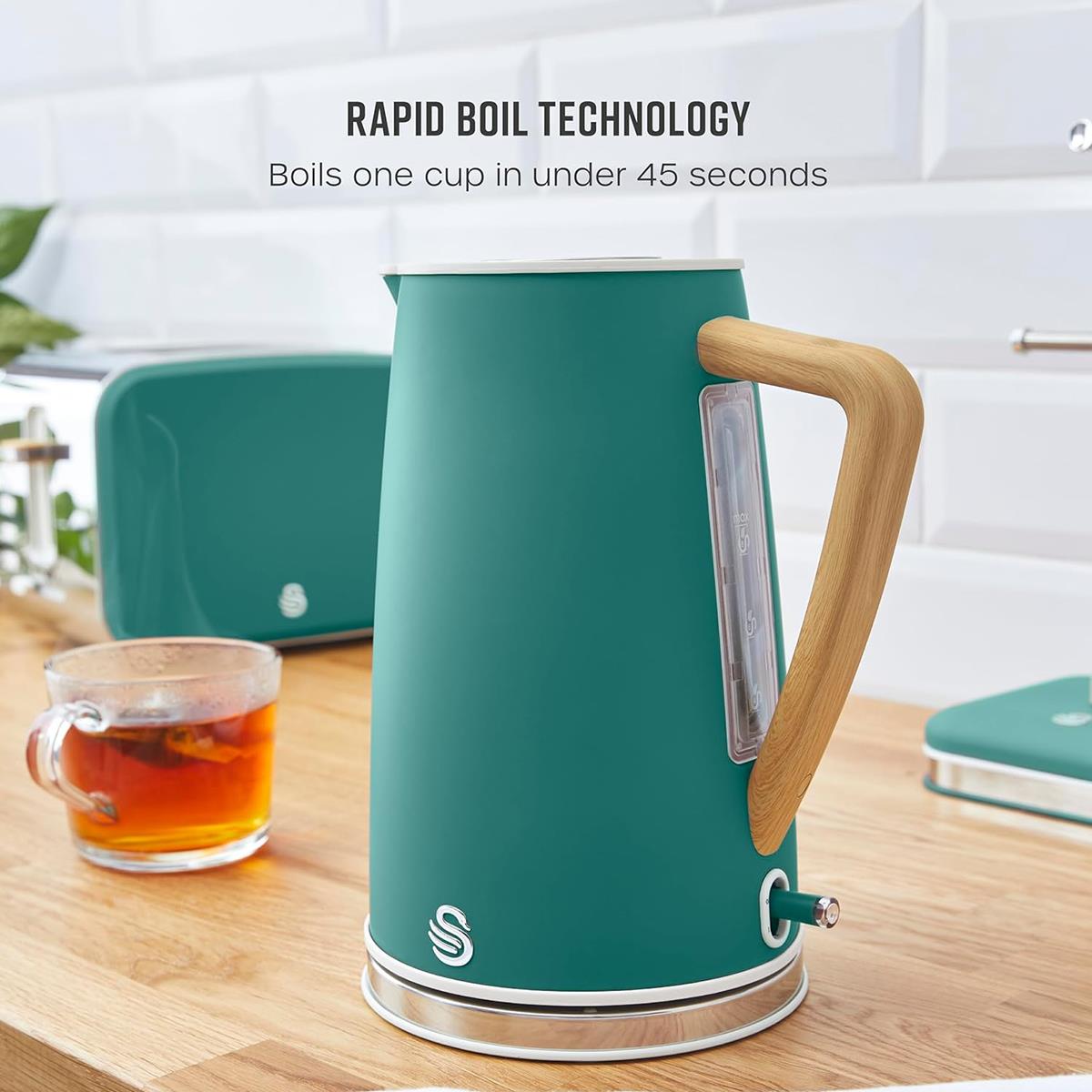 Swan Nordic Electric Jug Kettle 1.7L 3000W Stainless Steel Cordless With Rapid Boil, Soft Touch Handle And Green Finish - Image 2