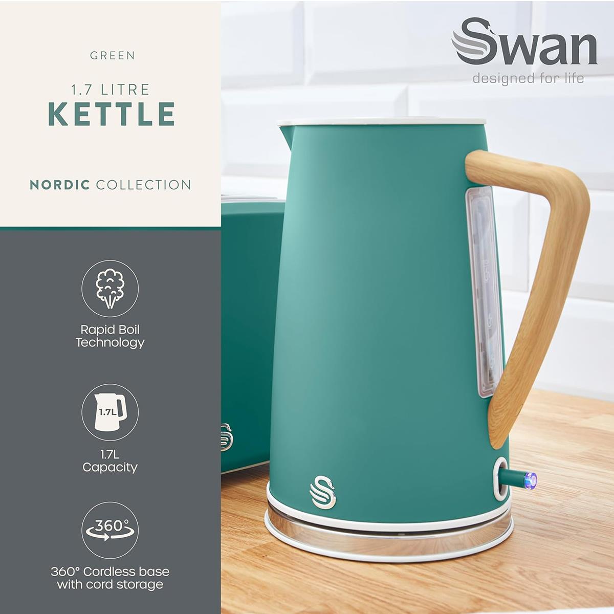 Swan Nordic Electric Jug Kettle 1.7L 3000W Stainless Steel Cordless With Rapid Boil, Soft Touch Handle And Green Finish - Image 4