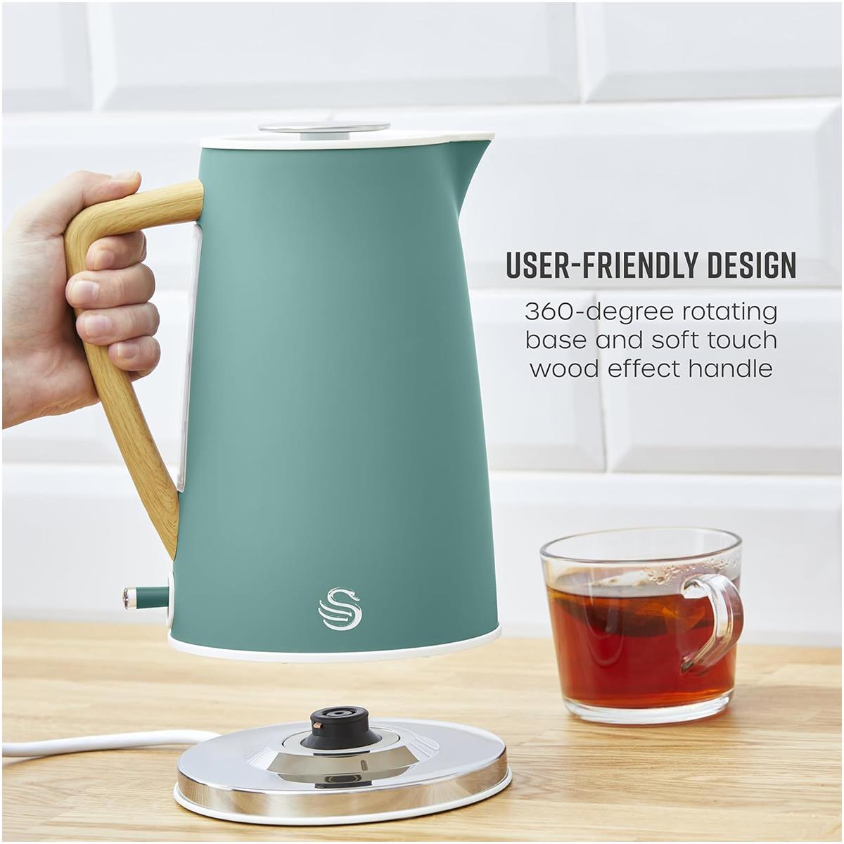 Swan Nordic Electric Jug Kettle 1.7L 3000W Stainless Steel Cordless With Rapid Boil, Soft Touch Handle And Green Finish - Image 5