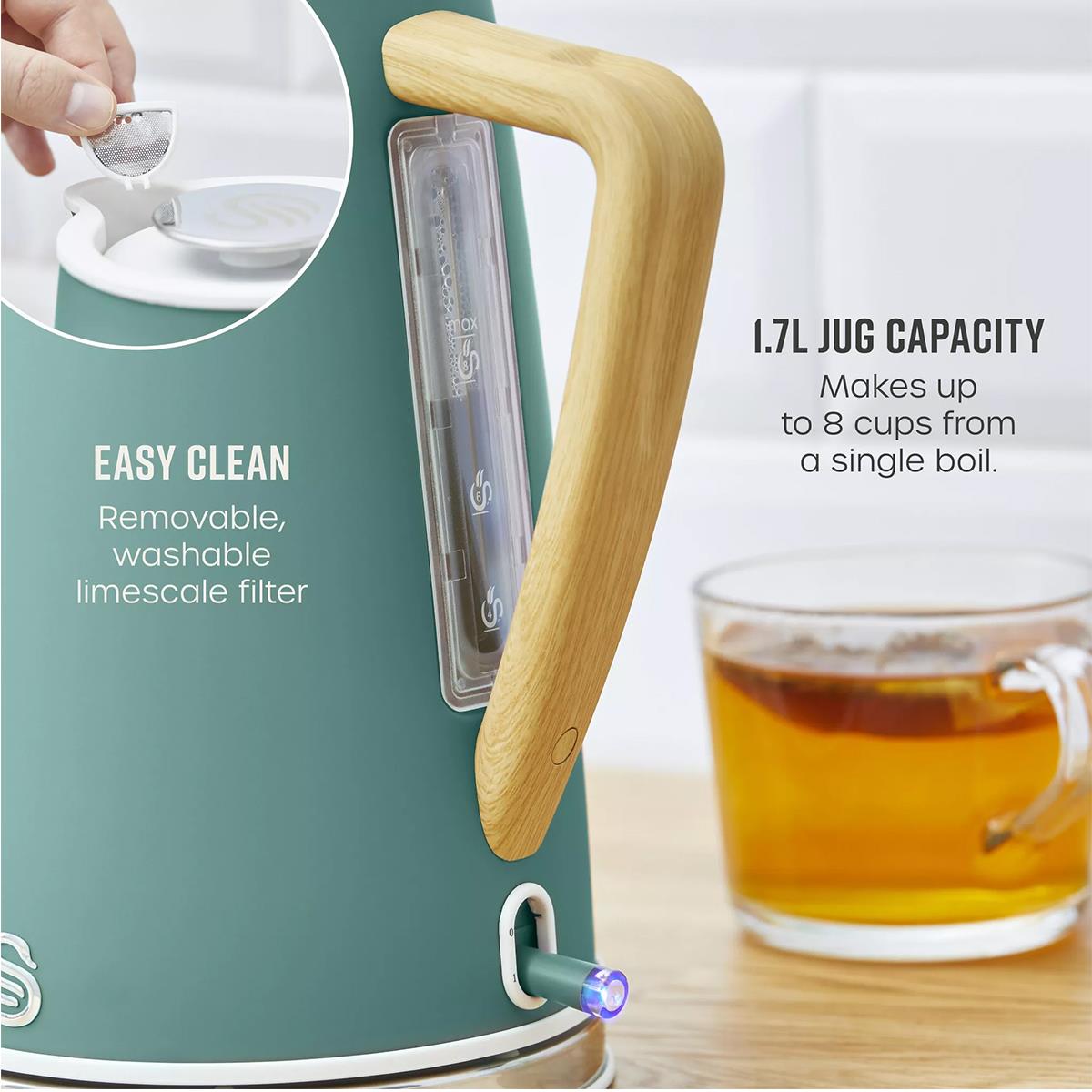 Swan Nordic Electric Jug Kettle 1.7L 3000W Stainless Steel Cordless With Rapid Boil, Soft Touch Handle And Green Finish - Image 6