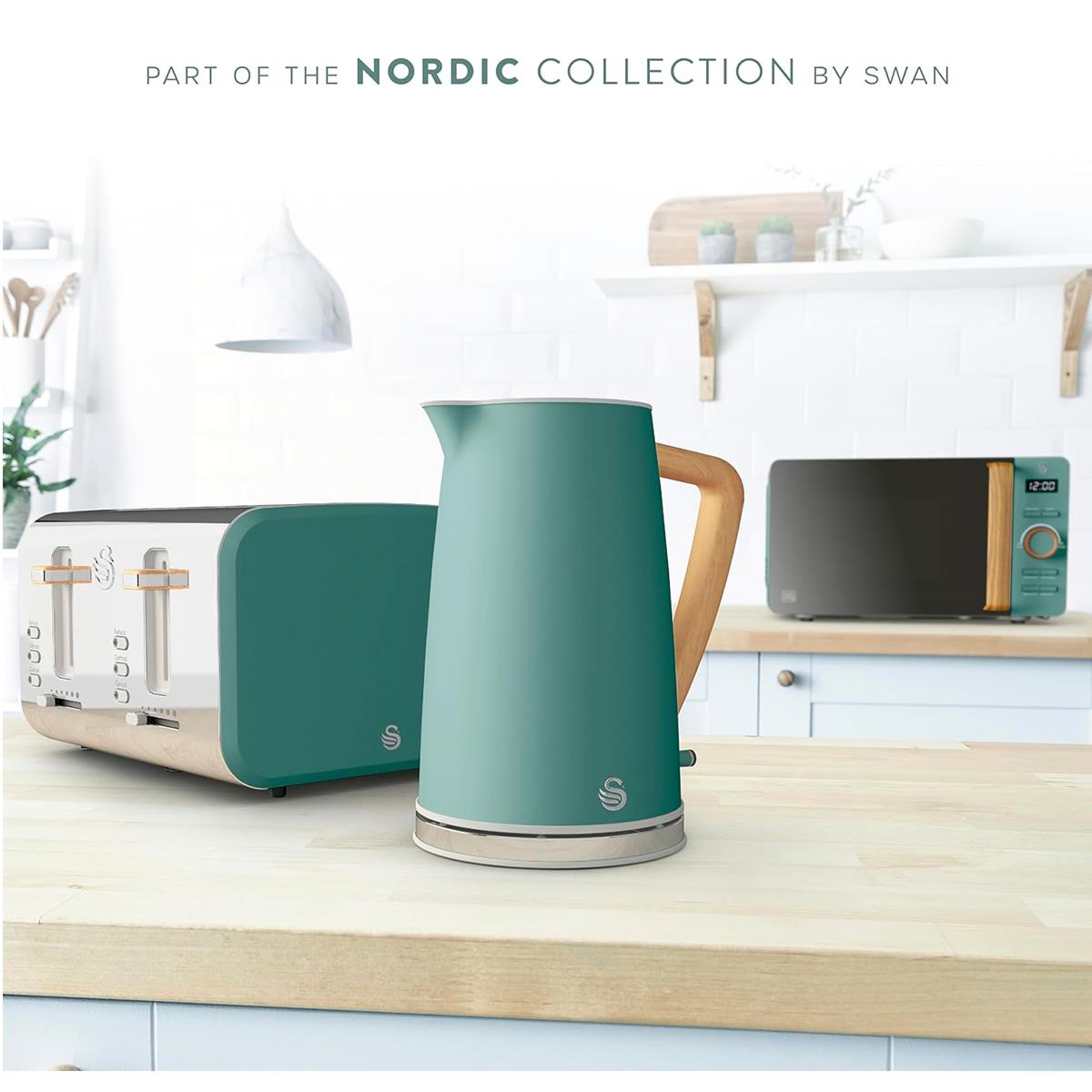 Swan Nordic Electric Jug Kettle 1.7L 3000W Stainless Steel Cordless With Rapid Boil, Soft Touch Handle And Green Finish - Image 7