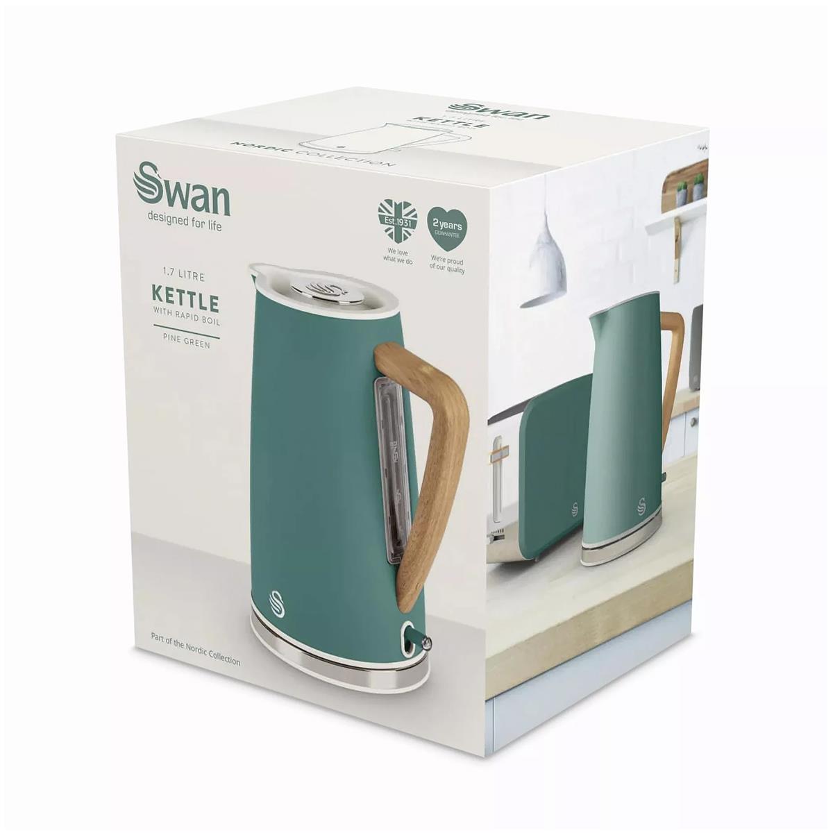 Swan Nordic Electric Jug Kettle 1.7L 3000W Stainless Steel Cordless With Rapid Boil, Soft Touch Handle And Green Finish - Image 8