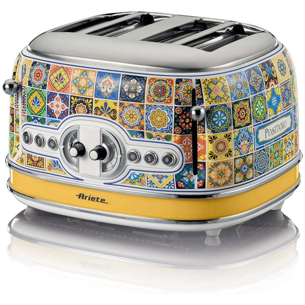 Ariete Positano 4 Slice Toaster 1630W Yellow with 6 Browning Settings Defrost Function Wide Slots & Removable Crumb Tray