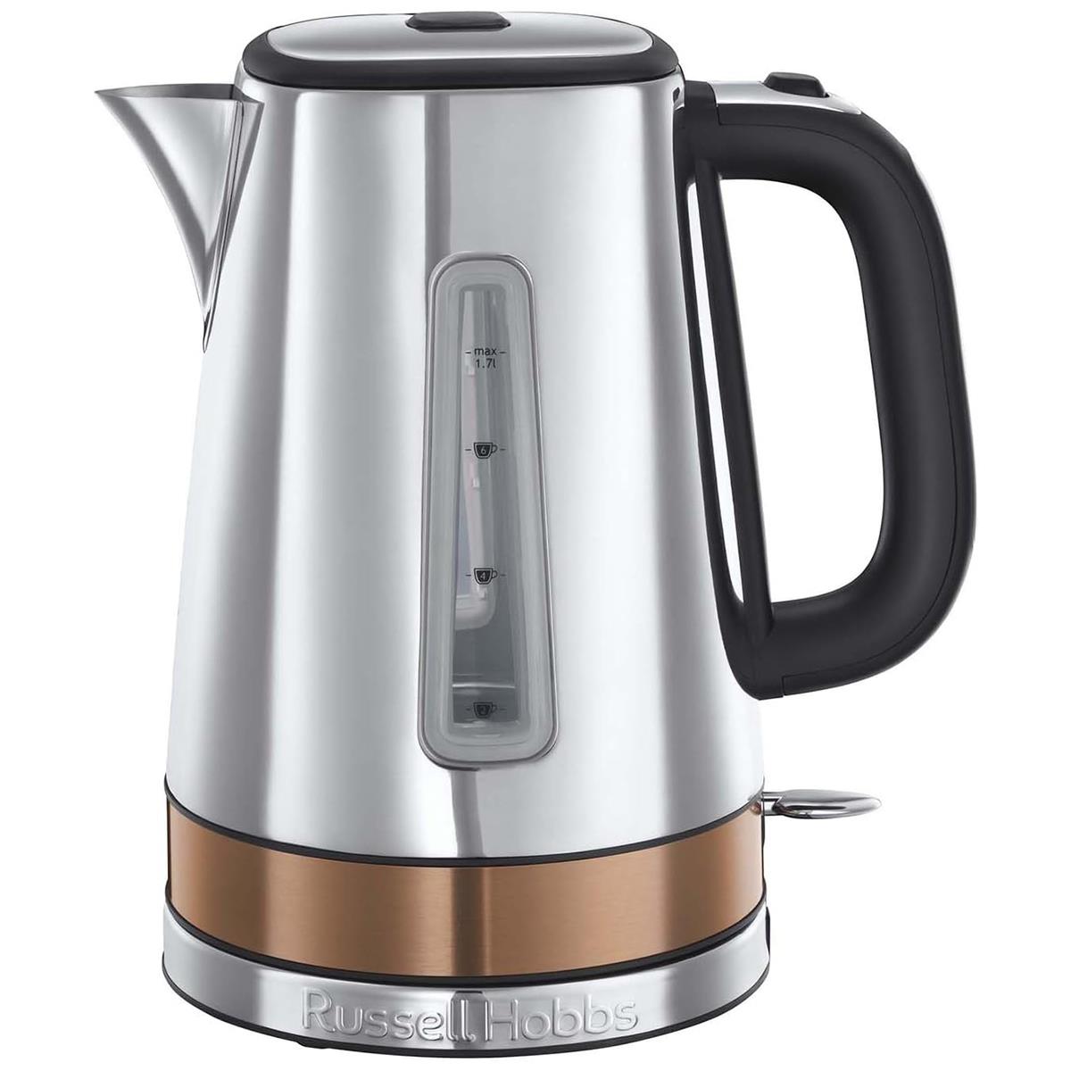 Russell Hobbs Luna Electric Kettle 1.7L Stainless Steel 3000W Quiet Rapid Boil With Copper Accents And Perfect Pour Spout