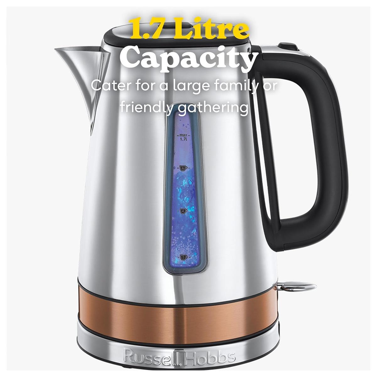 Russell Hobbs Luna Electric Kettle 1.7L Stainless Steel 3000W Quiet Rapid Boil With Copper Accents And Perfect Pour Spout - Image 5