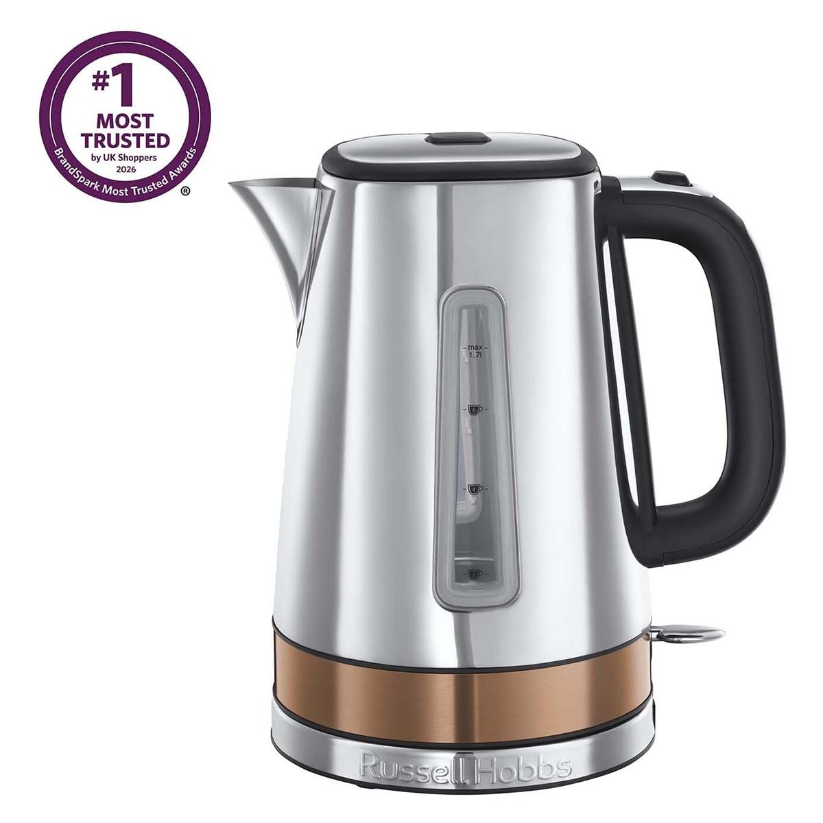 Russell Hobbs Luna Electric Kettle 1.7L Stainless Steel 3000W Quiet Rapid Boil With Copper Accents And Perfect Pour Spout - Image 6