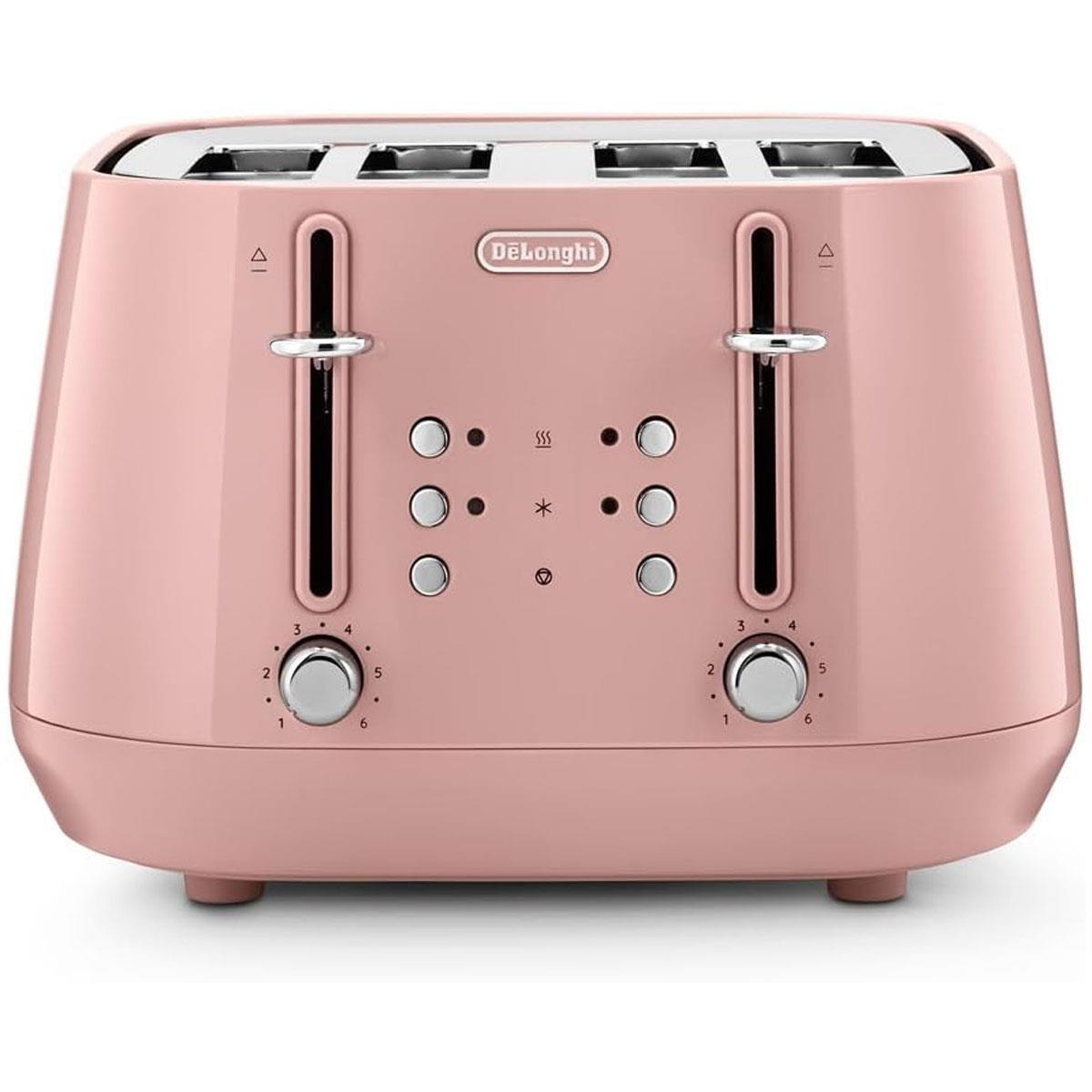 Delonghi Eclettica 4 Slot Metal Toaster Stainless Steel 1800W with Reheat & Defrost Glossy Pink