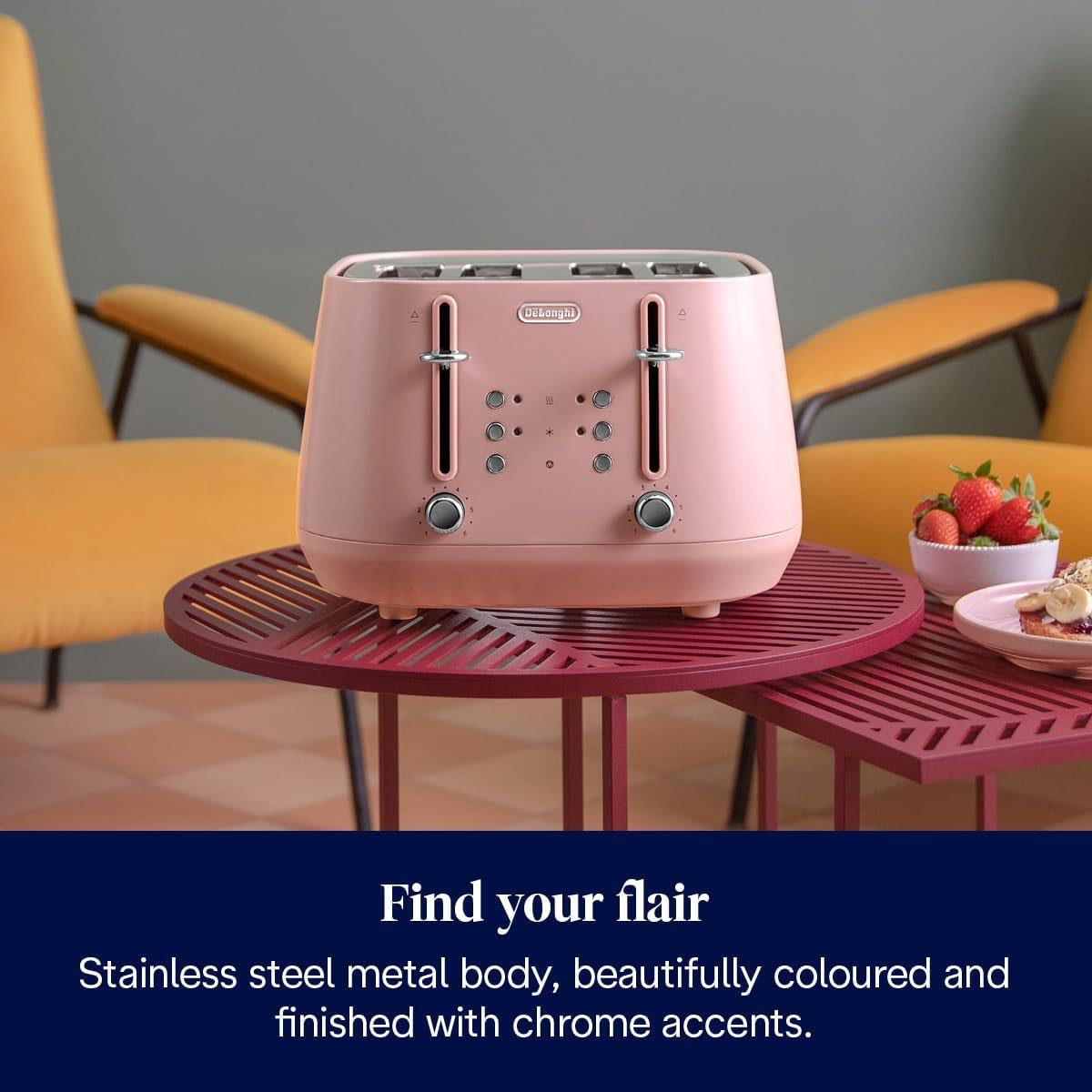 Delonghi Eclettica 4 Slot Metal Toaster Stainless Steel 1800W with Reheat & Defrost Glossy Pink - Image 2