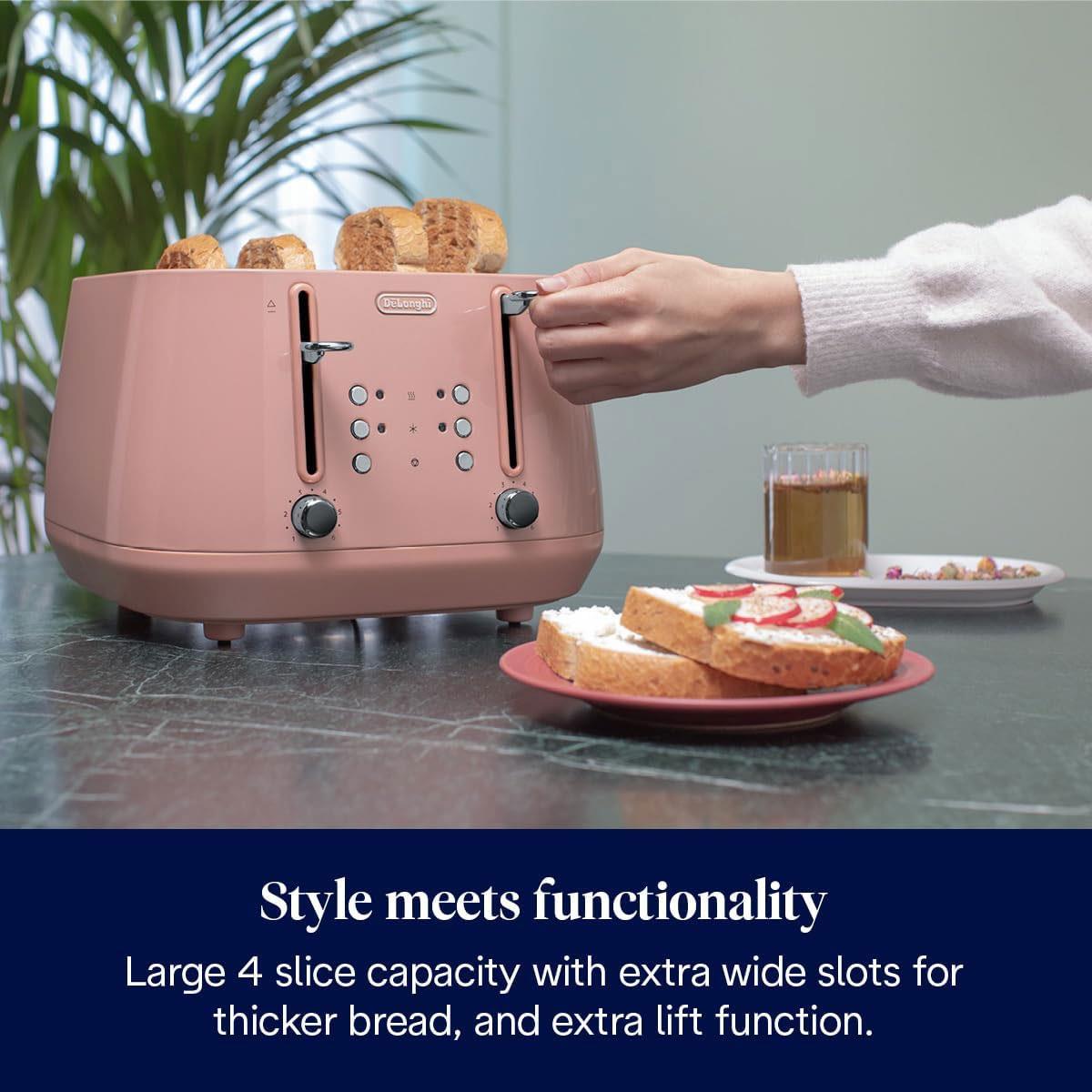 Delonghi Eclettica 4 Slot Metal Toaster Stainless Steel 1800W with Reheat & Defrost Glossy Pink - Image 3
