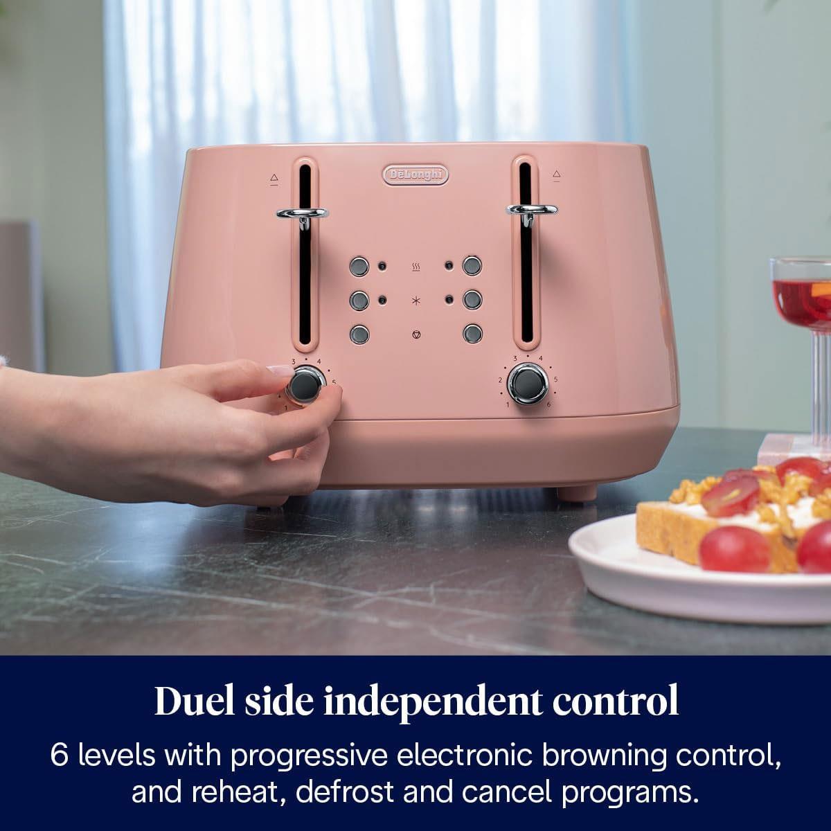 Delonghi Eclettica 4 Slot Metal Toaster Stainless Steel 1800W with Reheat & Defrost Glossy Pink - Image 5