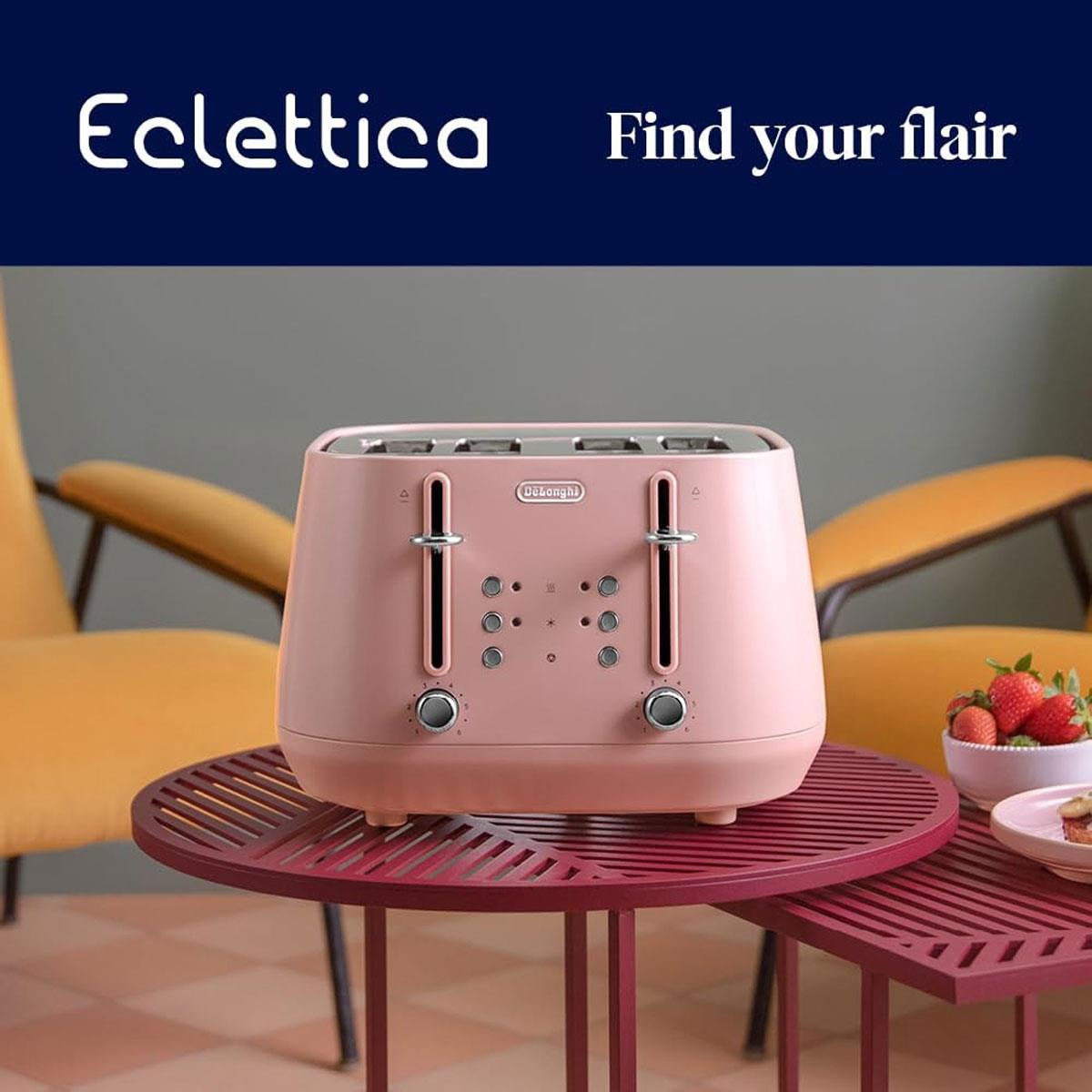 Delonghi Eclettica 4 Slot Metal Toaster Stainless Steel 1800W with Reheat & Defrost Glossy Pink - Image 7