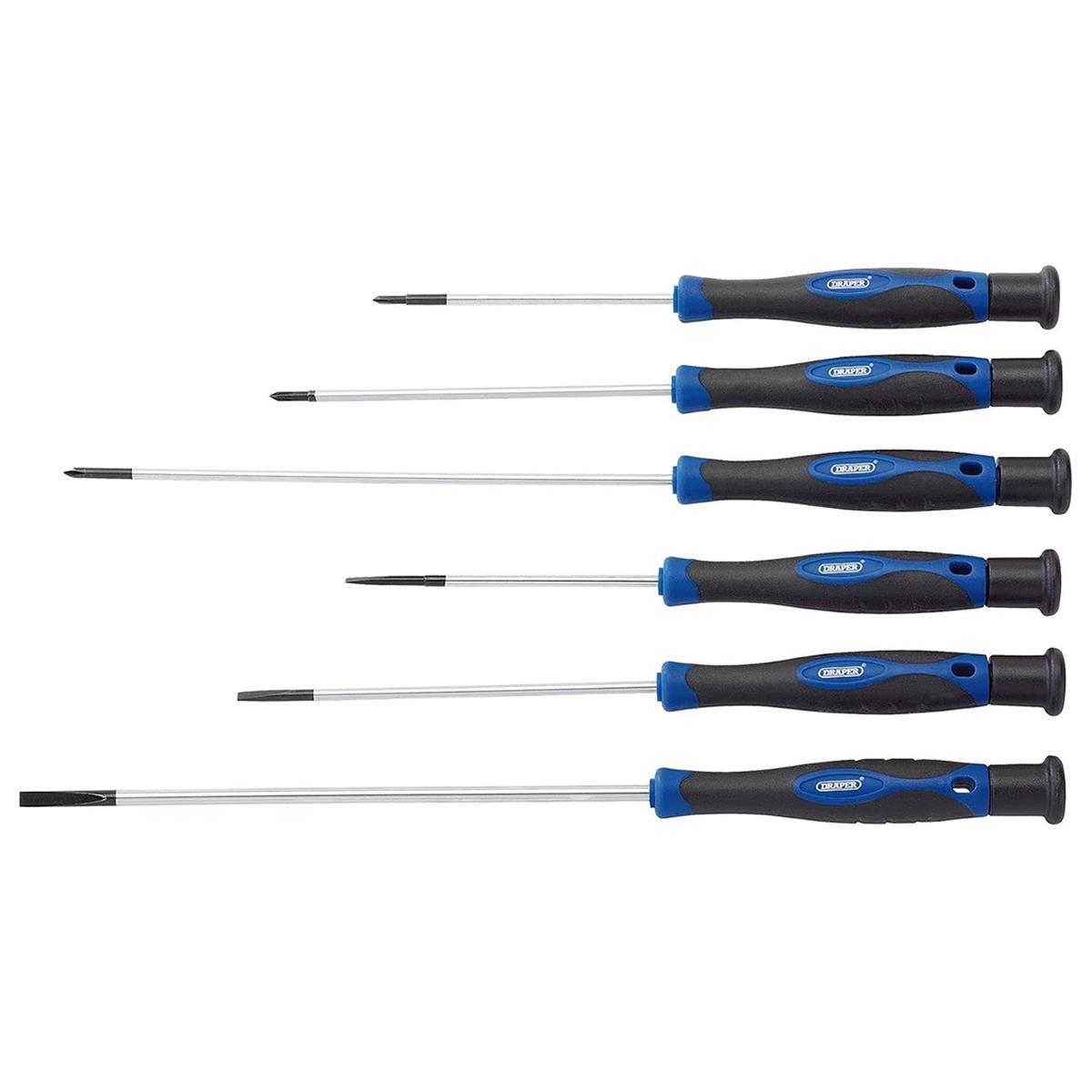 Draper Extra Long Precision Screwdriver Set 6 Piece Chrome Vanadium Steel Soft Grip Handle Blue