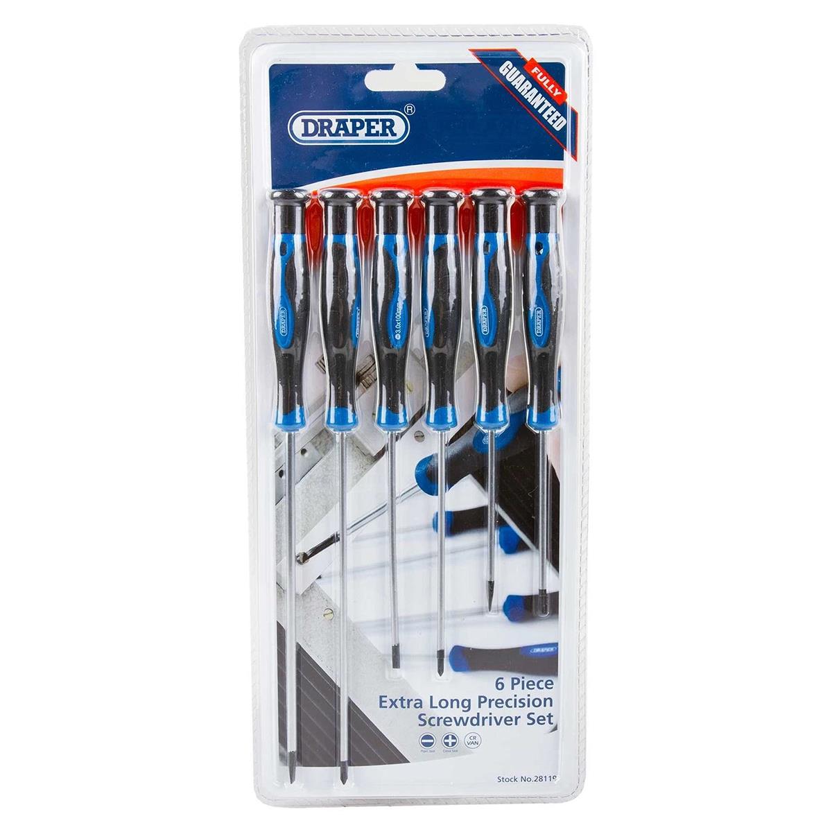 Draper Extra Long Precision Screwdriver Set 6 Piece Chrome Vanadium Steel Soft Grip Handle Blue - Image 2
