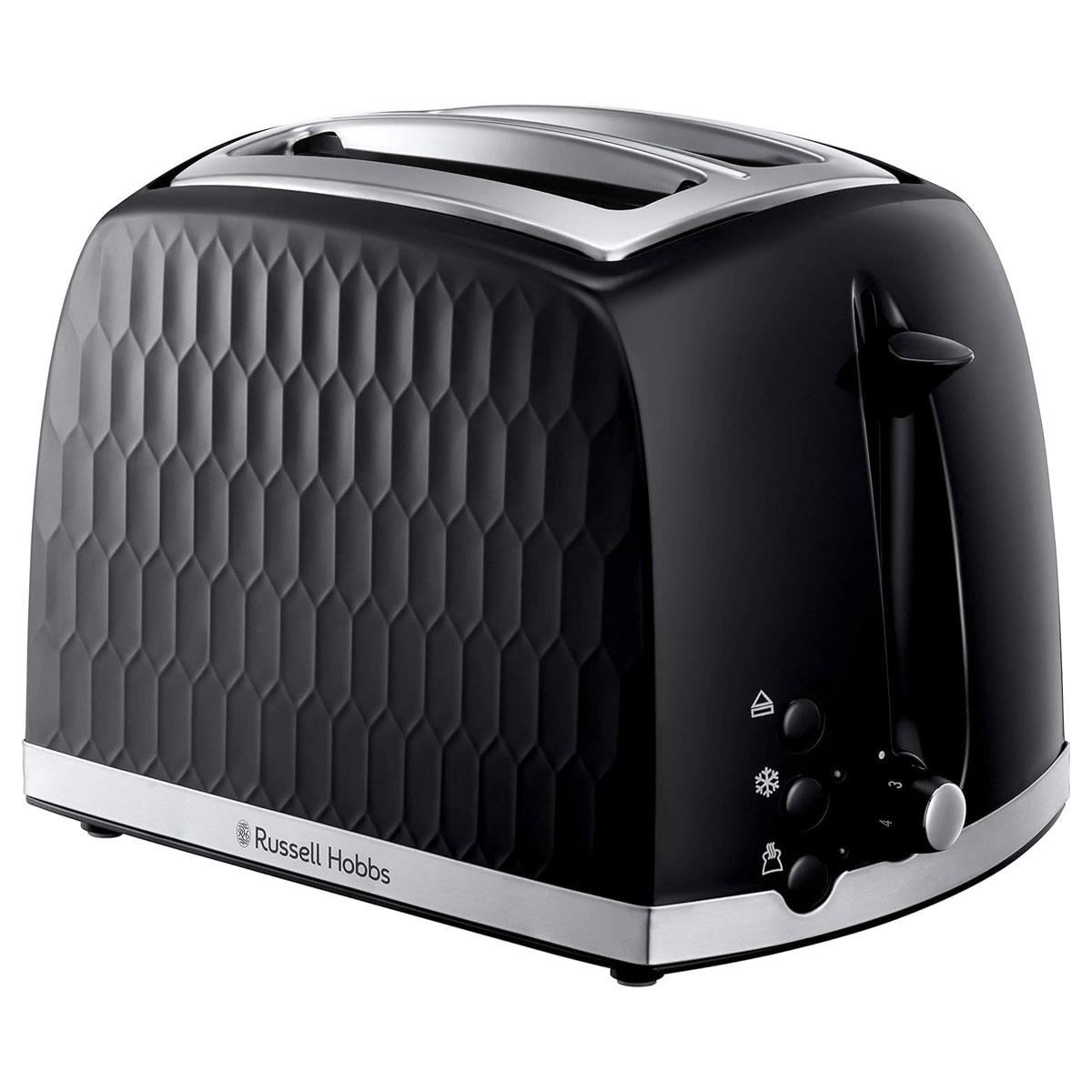 Russell Hobbs Honeycomb 2 Slice Toaster 850W Black with Extra Wide Slots 6 Browning Levels High Lift Defrost & Reheat