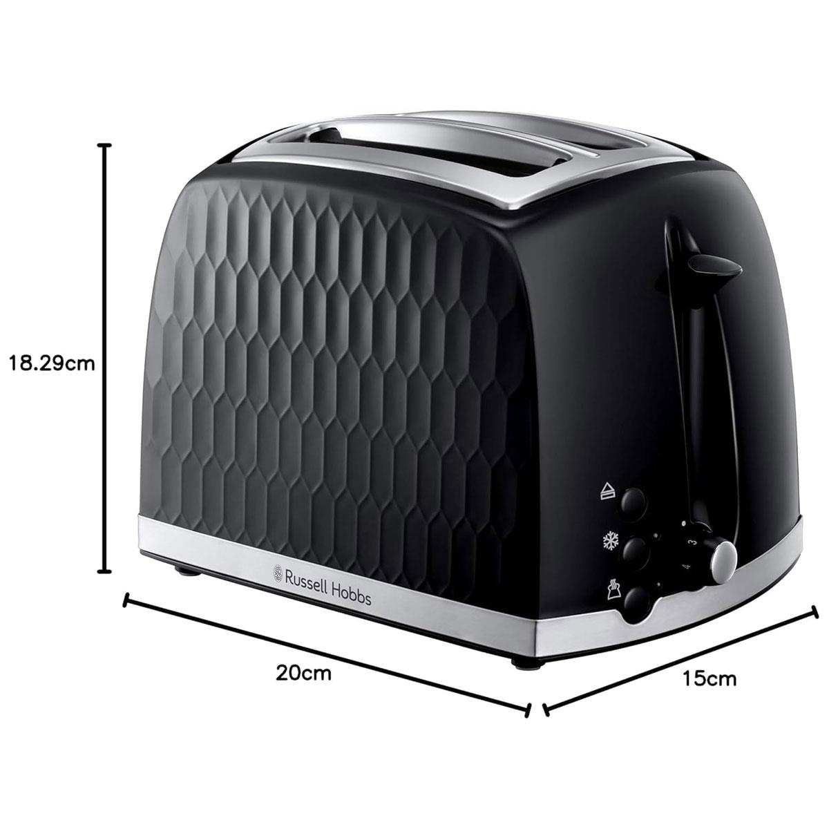 Russell Hobbs Honeycomb 2 Slice Toaster 850W Black with Extra Wide Slots 6 Browning Levels High Lift Defrost & Reheat - Image 2