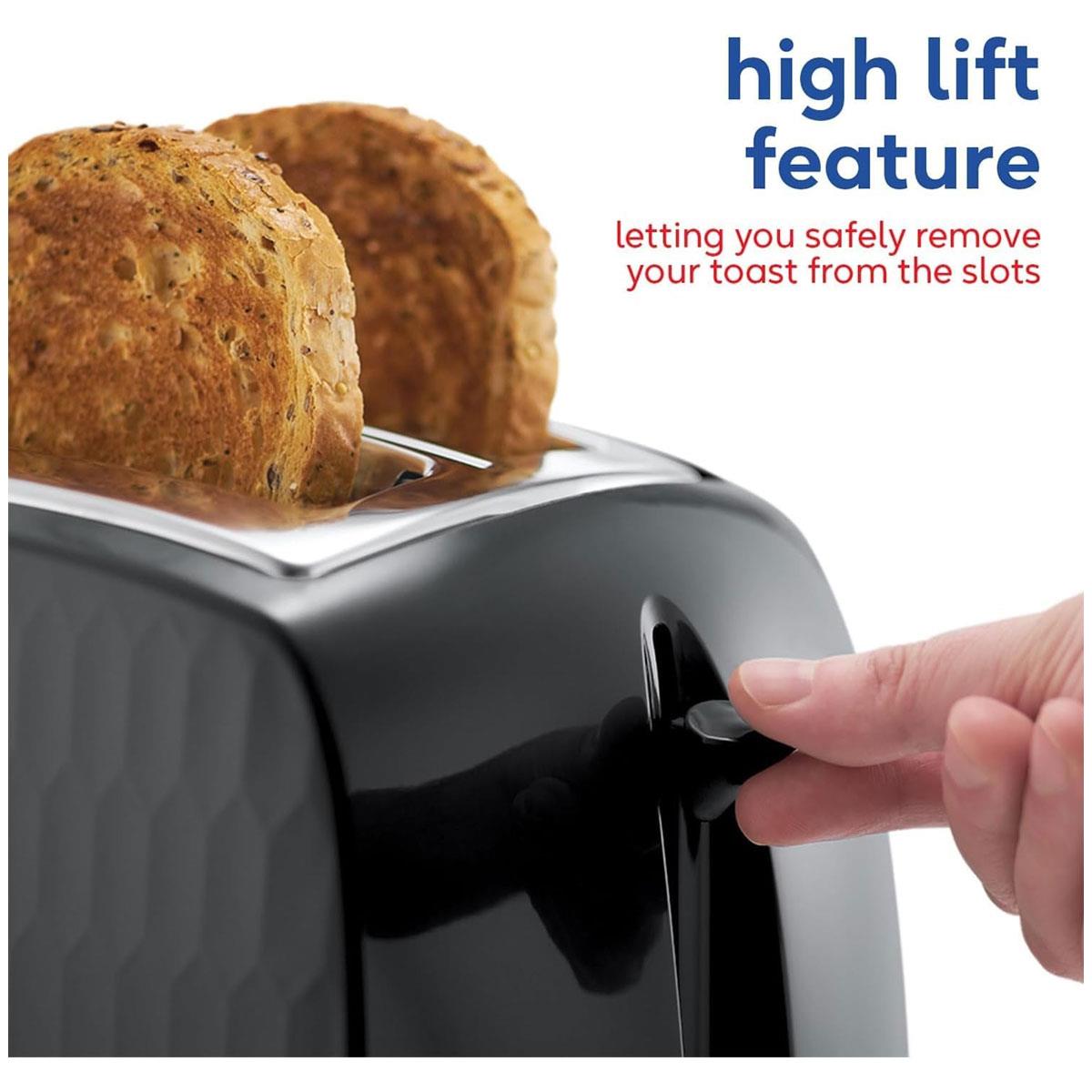 Russell Hobbs Honeycomb 2 Slice Toaster 850W Black with Extra Wide Slots 6 Browning Levels High Lift Defrost & Reheat - Image 3