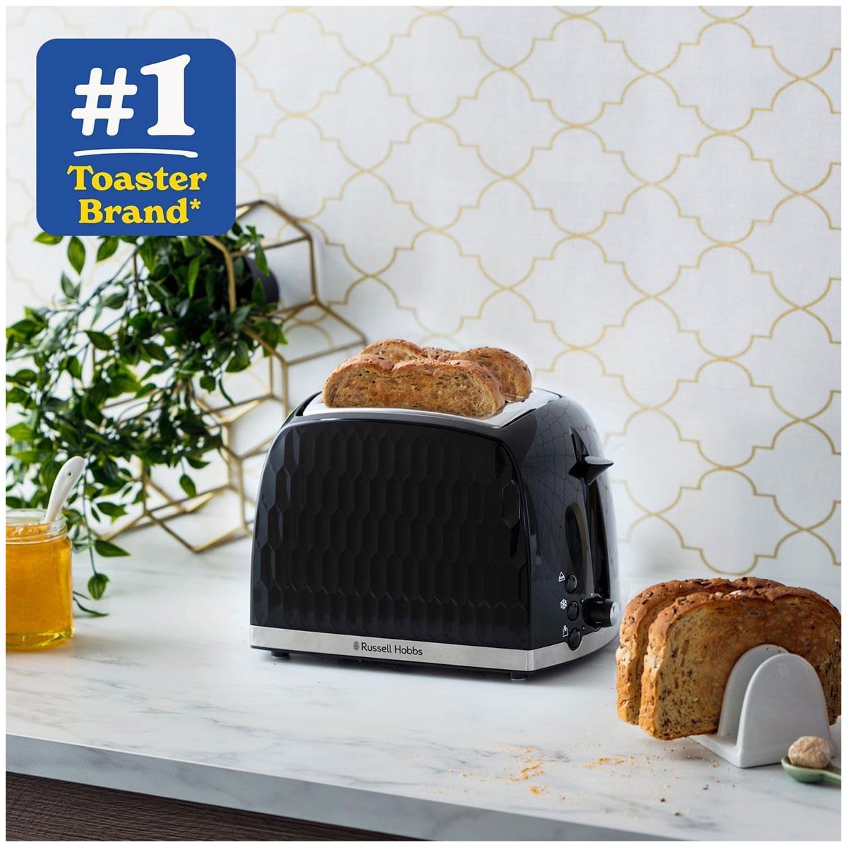 Russell Hobbs Honeycomb 2 Slice Toaster 850W Black with Extra Wide Slots 6 Browning Levels High Lift Defrost & Reheat - Image 4