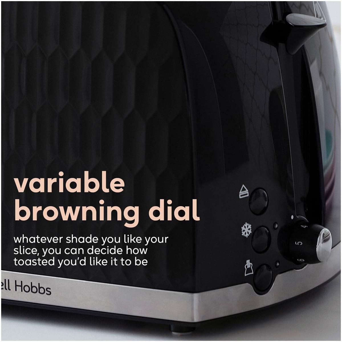Russell Hobbs Honeycomb 2 Slice Toaster 850W Black with Extra Wide Slots 6 Browning Levels High Lift Defrost & Reheat - Image 5