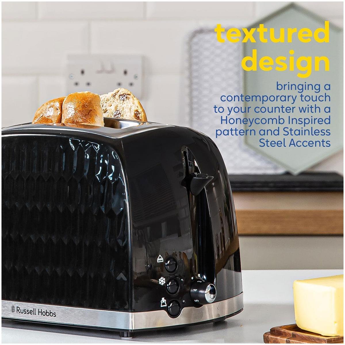 Russell Hobbs Honeycomb 2 Slice Toaster 850W Black with Extra Wide Slots 6 Browning Levels High Lift Defrost & Reheat - Image 6