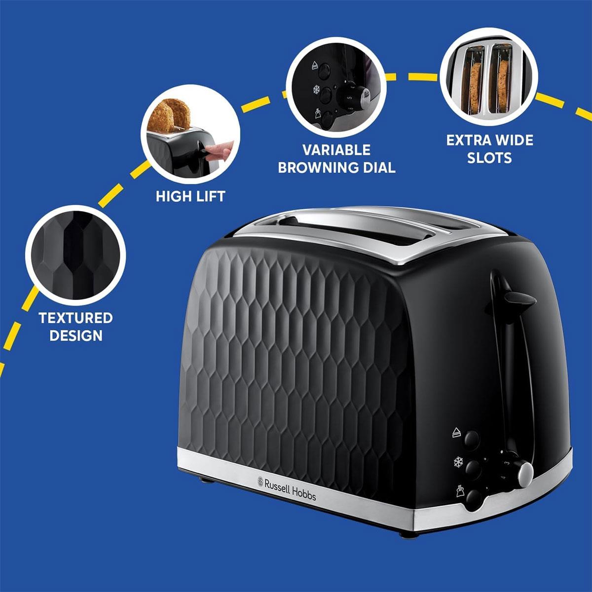 Russell Hobbs Honeycomb 2 Slice Toaster 850W Black with Extra Wide Slots 6 Browning Levels High Lift Defrost & Reheat - Image 8