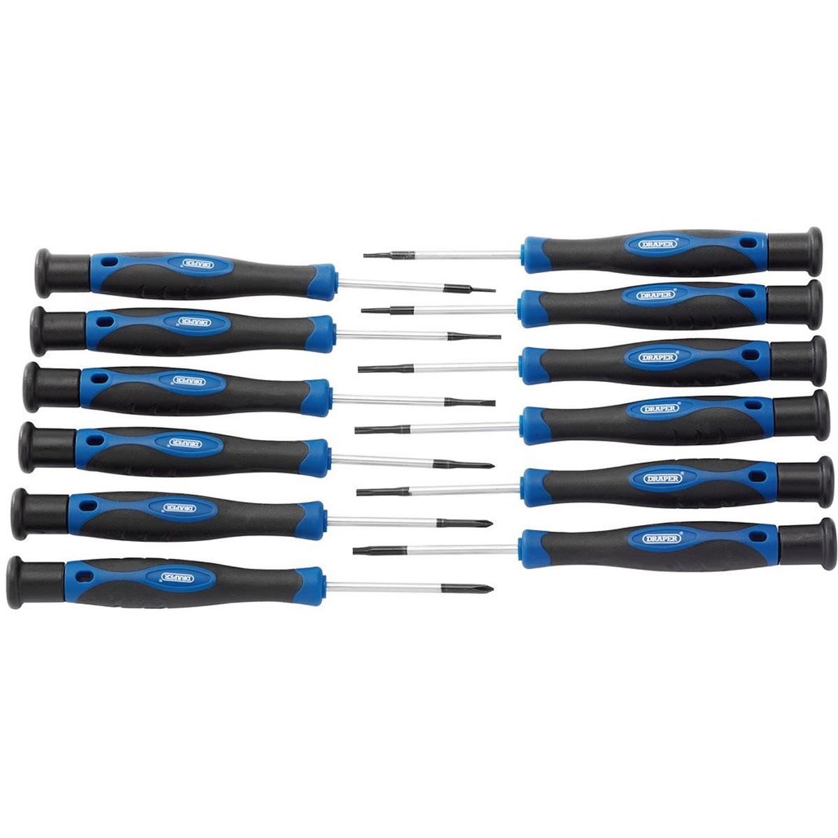 Draper Precision Screwdriver Set 12 Pieces Chrome Vanadium Steel Soft Grip Handles Blue