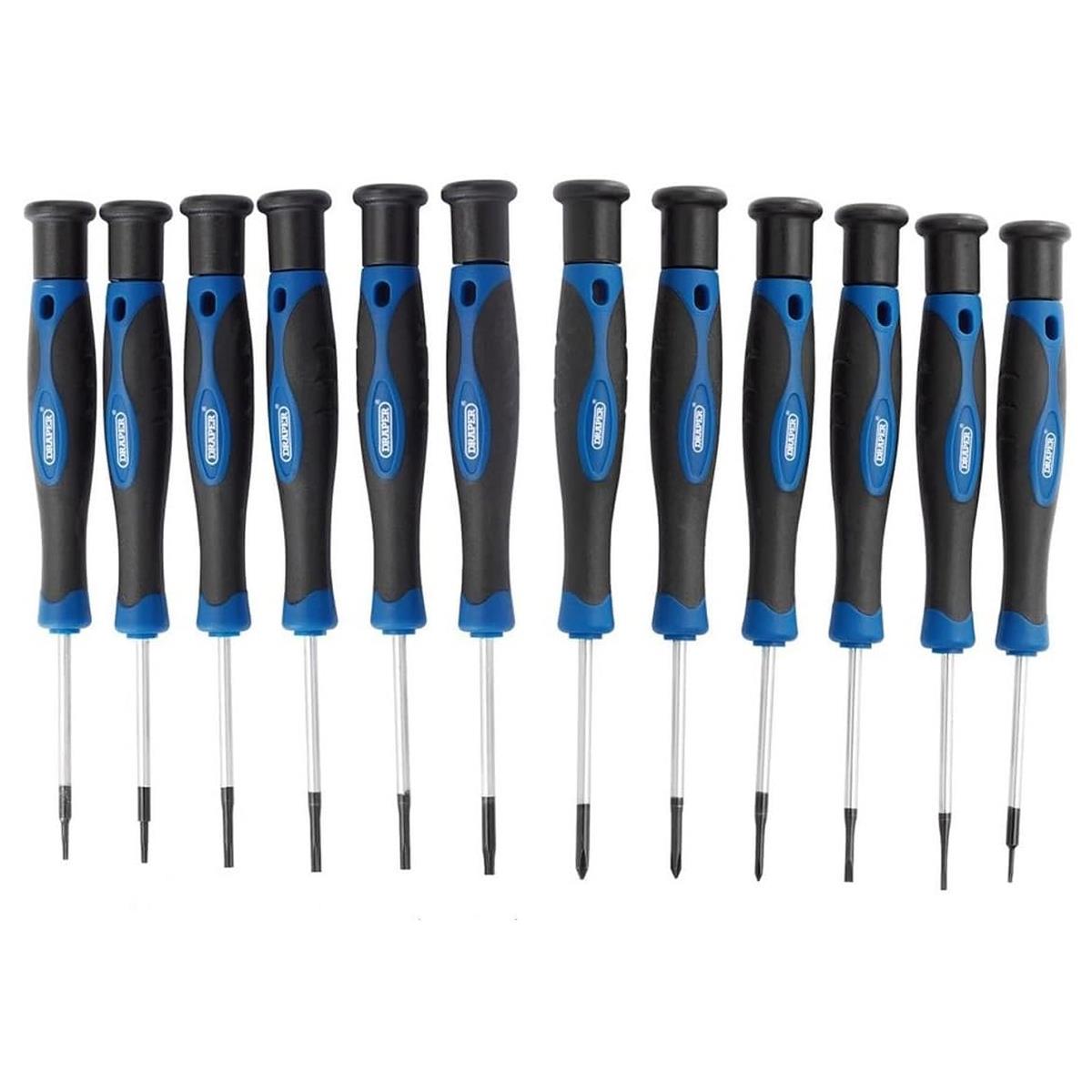 Draper Precision Screwdriver Set 12 Pieces Chrome Vanadium Steel Soft Grip Handles Blue - Image 2
