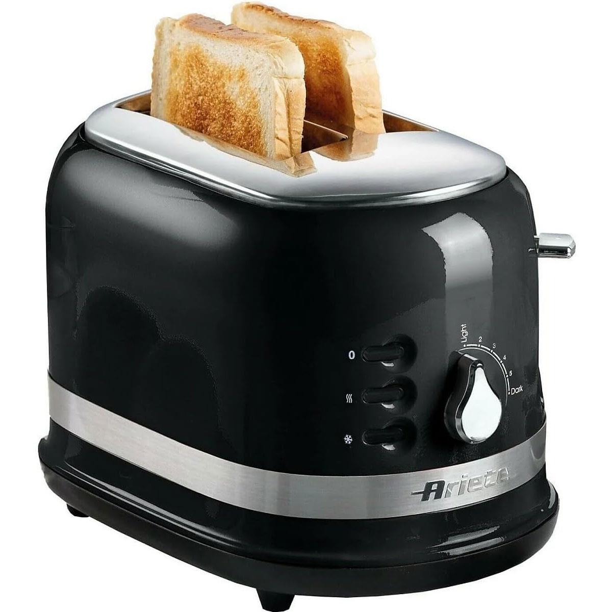 Ariete Moderna 2 Slice Toaster 815W Black with 6 Browning Levels Defrost Reheat & Cooking Functions