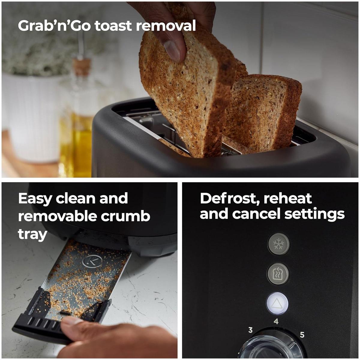 Kenwood Ripple 2 Slot Toaster 850W Midnight Black with 7 Browning Levels Defrost Reheat Cancel & Crumb Tray - Image 7