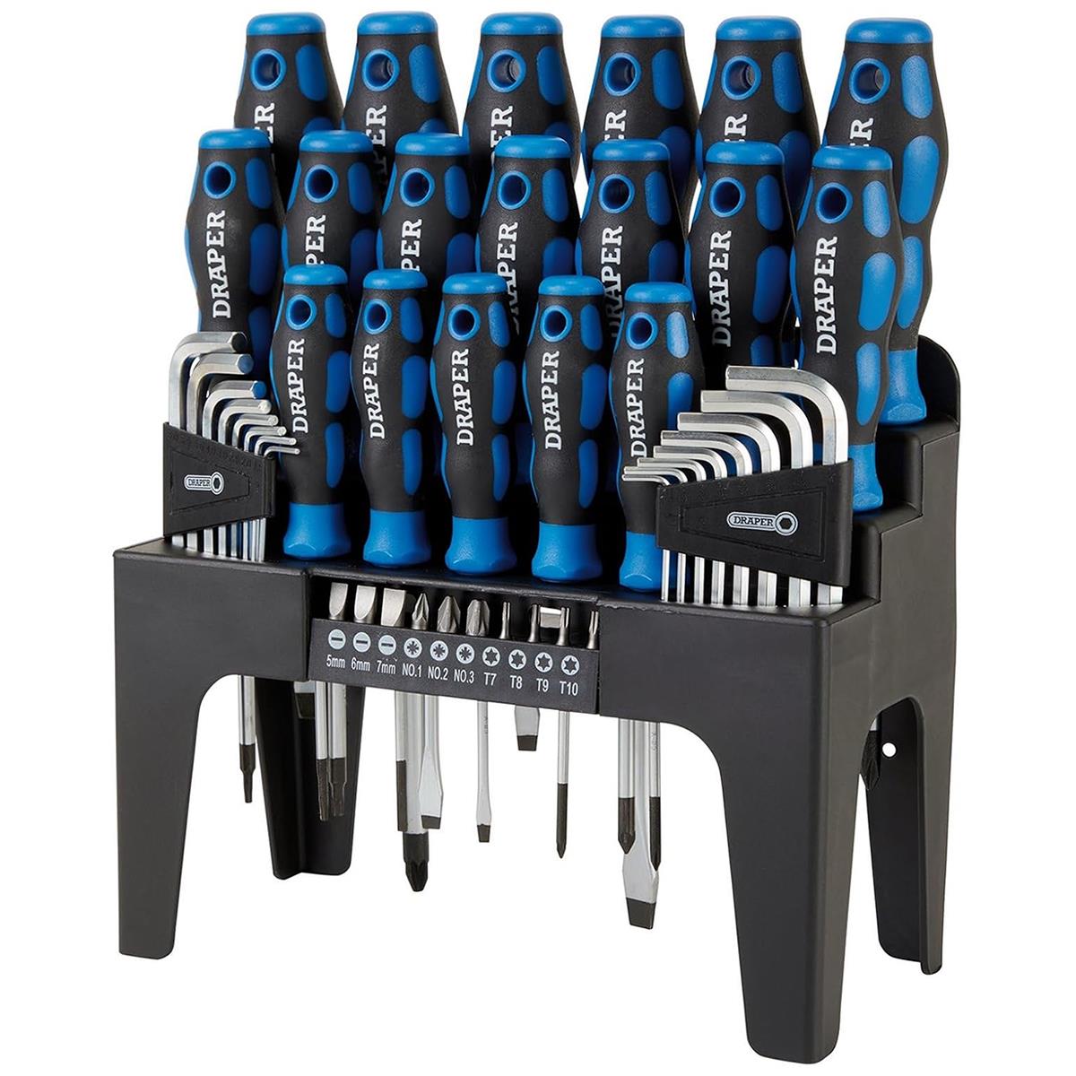 Draper Precision Screwdriver Bit And Hex Key Set 44 Piece Chrome Vanadium Soft Grip With Stand Blue