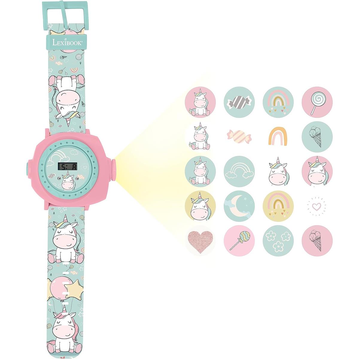 LEXIBOOK Unicorn Projection Watch Digital Kids Watch With 20 Image Projector Pink Adjustable Strap