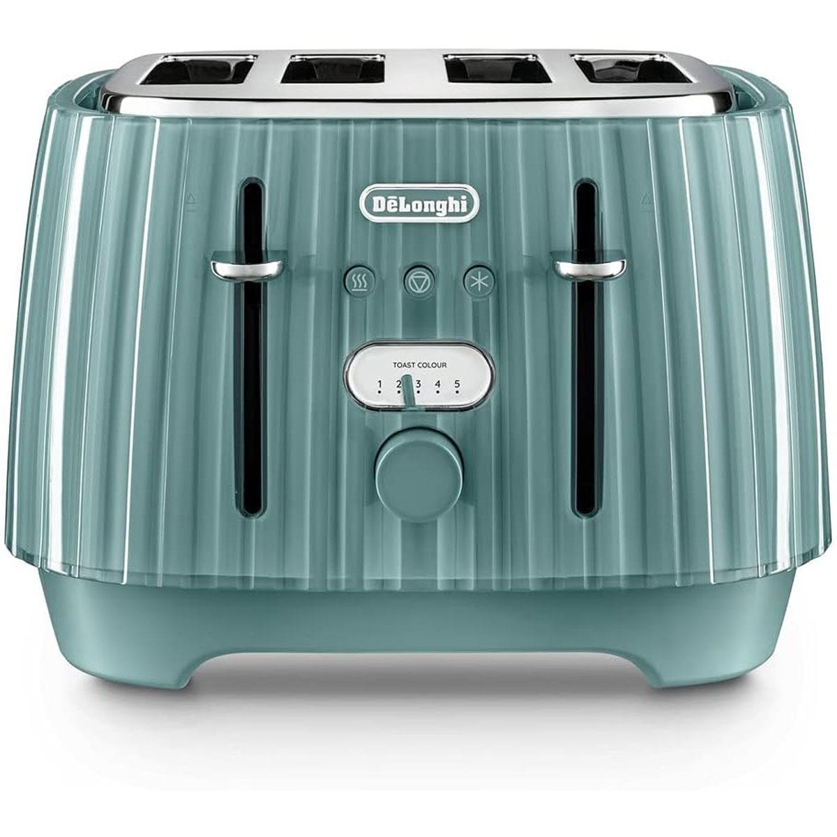 Delonghi Ballerina 4 Slot Toaster 1800W Green with 5 Browning Levels Defrost Reheat Cancel & Wide Slots