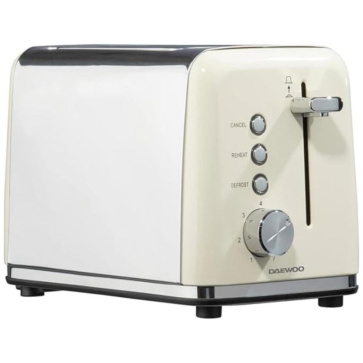 Daewoo Kensington 2 Slice Toaster 810W Cream Stainless Steel with 6 Browning Levels Defrost & Reheat