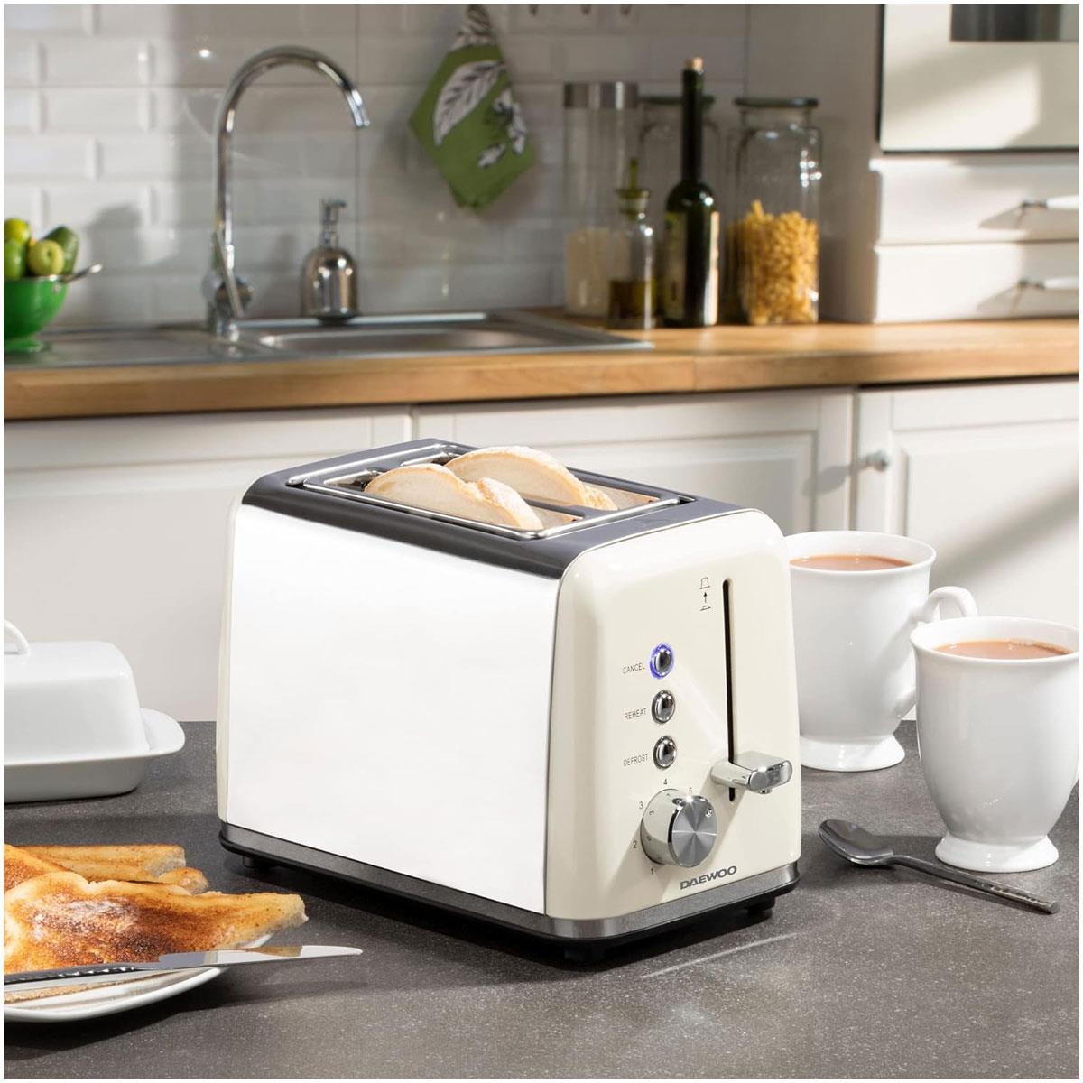 Daewoo Kensington 2 Slice Toaster 810W Cream Stainless Steel with 6 Browning Levels Defrost & Reheat - Image 2