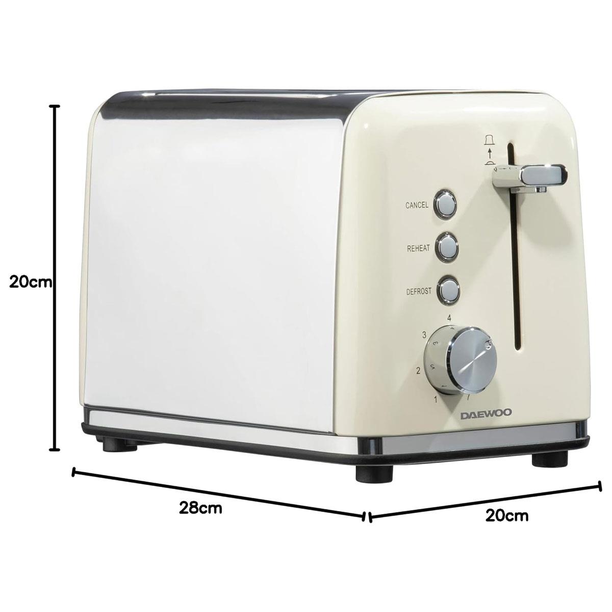 Daewoo Kensington 2 Slice Toaster 810W Cream Stainless Steel with 6 Browning Levels Defrost & Reheat - Image 3