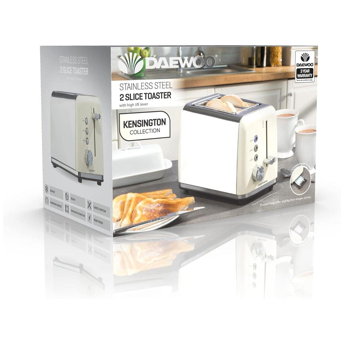 Daewoo Kensington 2 Slice Toaster 810W Cream Stainless Steel with 6 Browning Levels Defrost & Reheat - Image 6