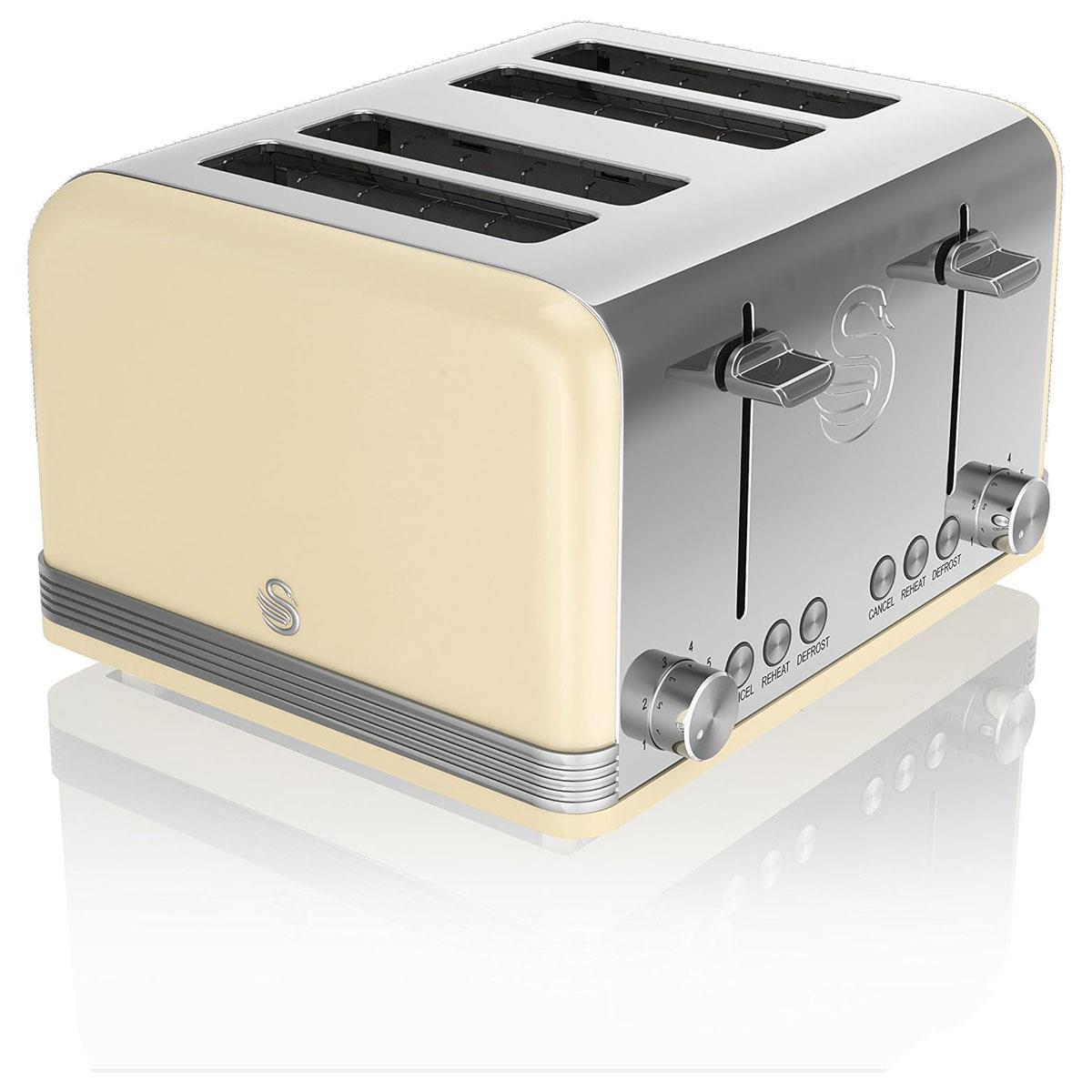 Swan Retro 4 Slice Toaster 1600W with Electronic Browning Control Defrost Reheat Cancel & Crumb Tray