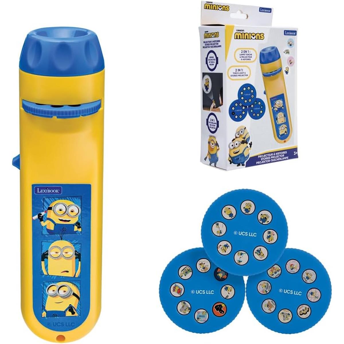 LEXIBOOK Minions Story Projector, 2-In-1 Torch And Image Projector With 24 Pictures, Includes 3 Discs, Yellow/Blue